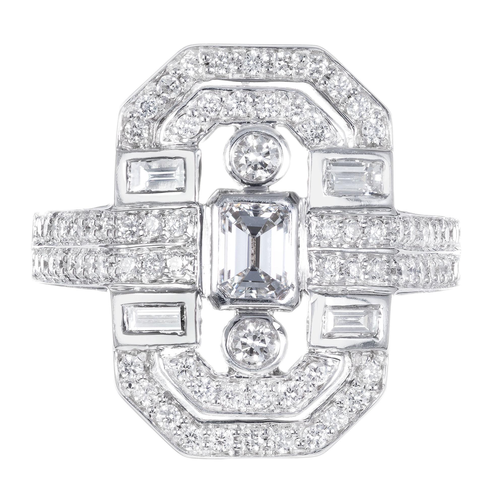  Kwiat Diamond open work ring. 18k white gold Art Deco style setting with emerald, baguette and round cut diamonds. 

1 cut corner emerald cut diamond, G VS approx. .30cts
4 straight cut baguette diamonds, G-H VS approx. .24cts
84 round brilliant