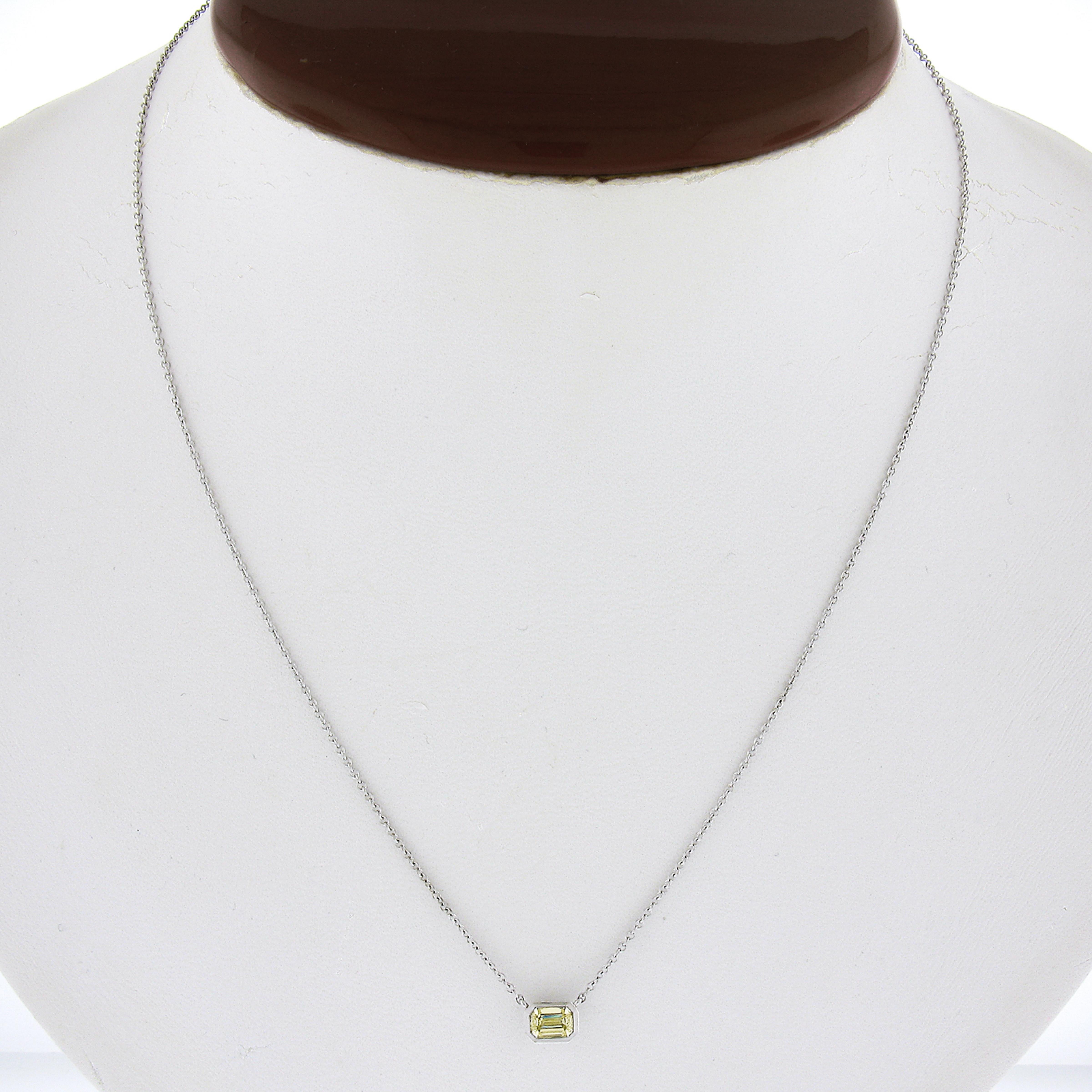 Emerald Cut Kwiat 18k White Gold .40ct Fancy Light Yellow Diamond Solitaire Pendant Necklace For Sale