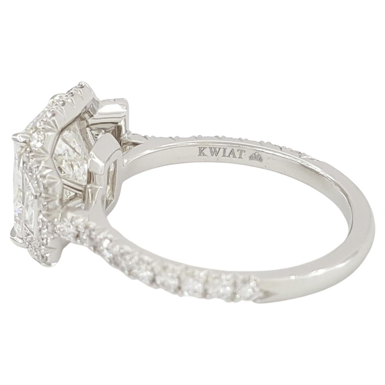 Modern Kwiat Diamond Halo Three Stone Engagement Ring in Platinum For Sale
