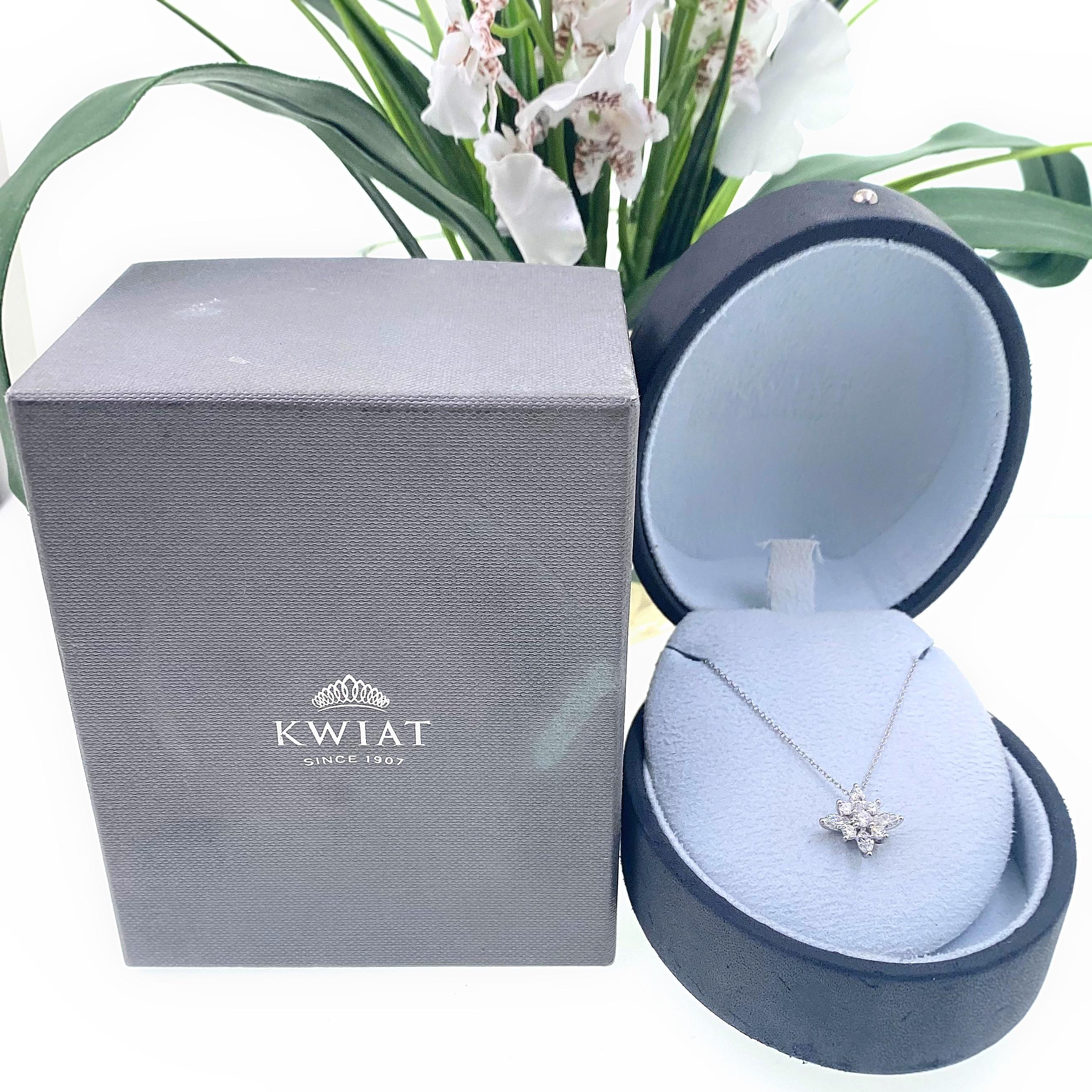KWIAT Star Collection Pendant Necklace
Style:  Pendant Necklace
Ref. number:  106101
Metal:   Platinum PT950
Size:  Large 17' Inch Chain
TCW:  0.93 tcw
Main Diamond:  5 Round Brilliant Cut Diamonds with 4 Marquise Cut Diamonds
Color & Clarity:  G -
