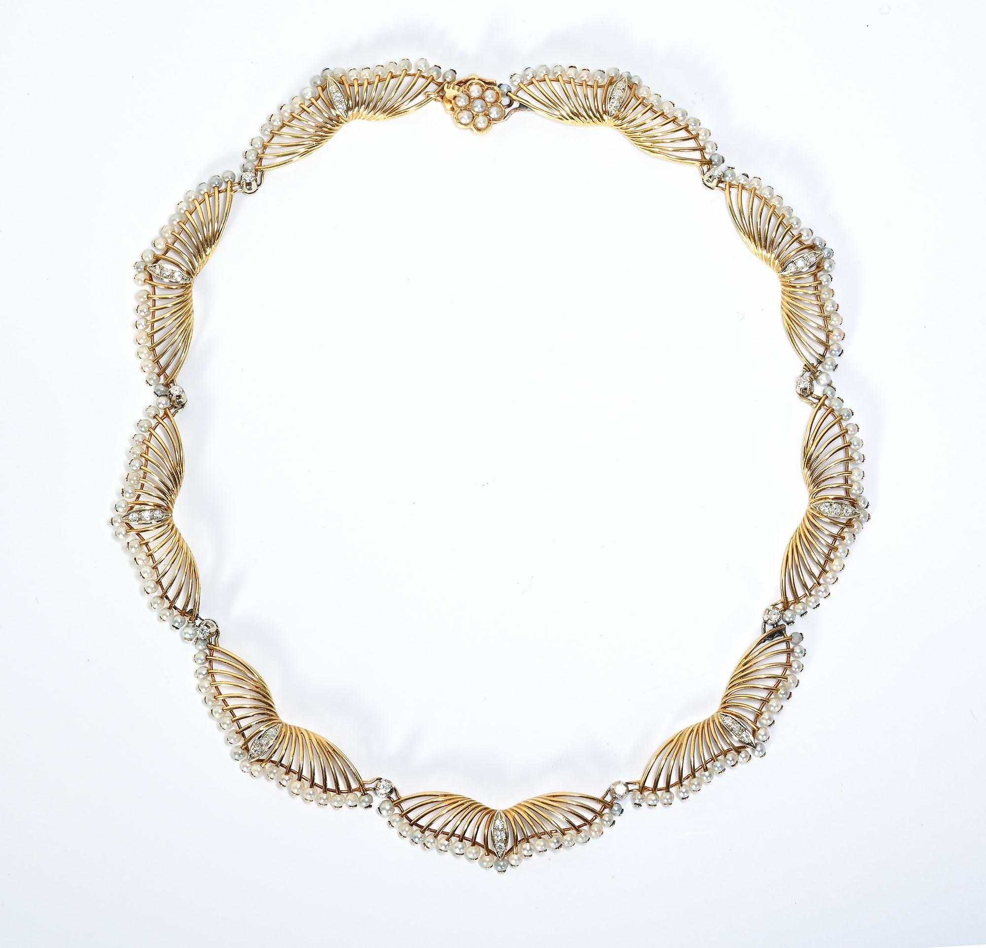 Delicate, graceful and elegant pearl and diamond gold choker necklace by the firm of Kwiat. Kwiat was established in New York in 1907 and is now run by the third generation of family members. 
This necklace is 16 inches in length. Each link has 19