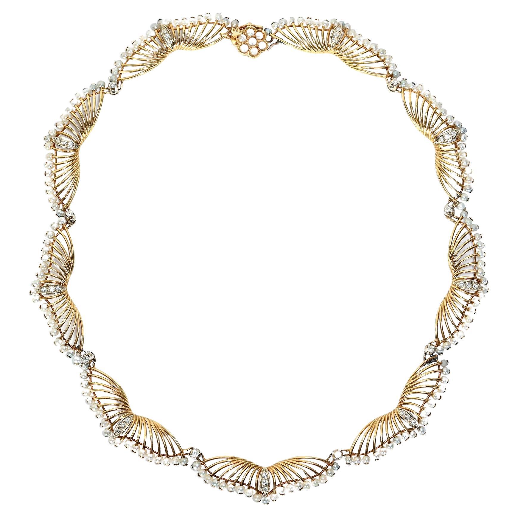 Kwiat Perlen und Diamanten Gold Halskette im Angebot