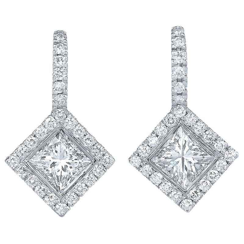 Kwiat Princess Cut Diamond Halo Drop Earrings in 18 Karat White Gold