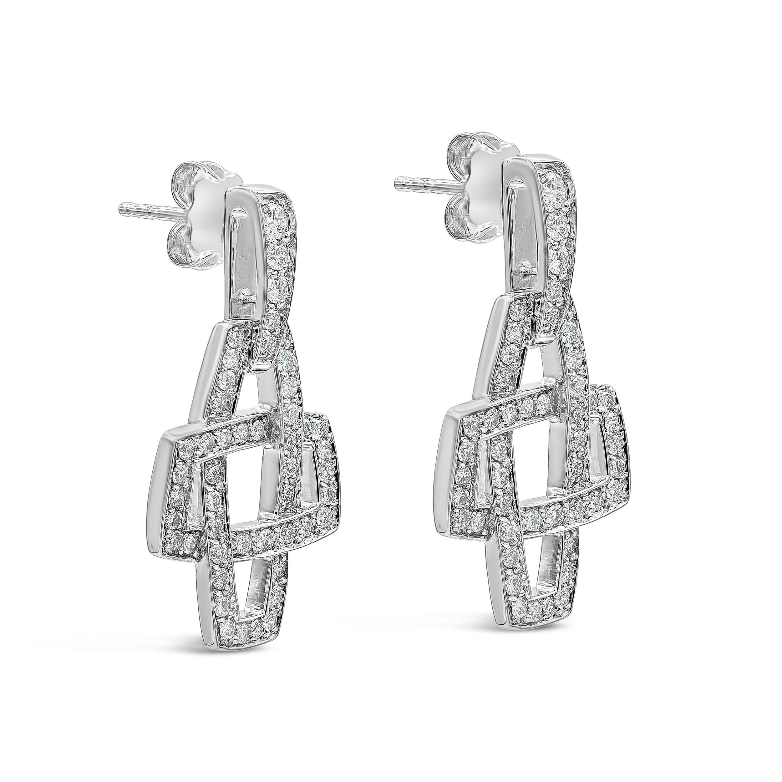 Simple and beautiful drop earrings made by Kwiat showcasing brilliant round cut diamonds that elegantly crossover to form a cross design. Diamonds weigh 1.50 carats total. Made in 18k white gold.

