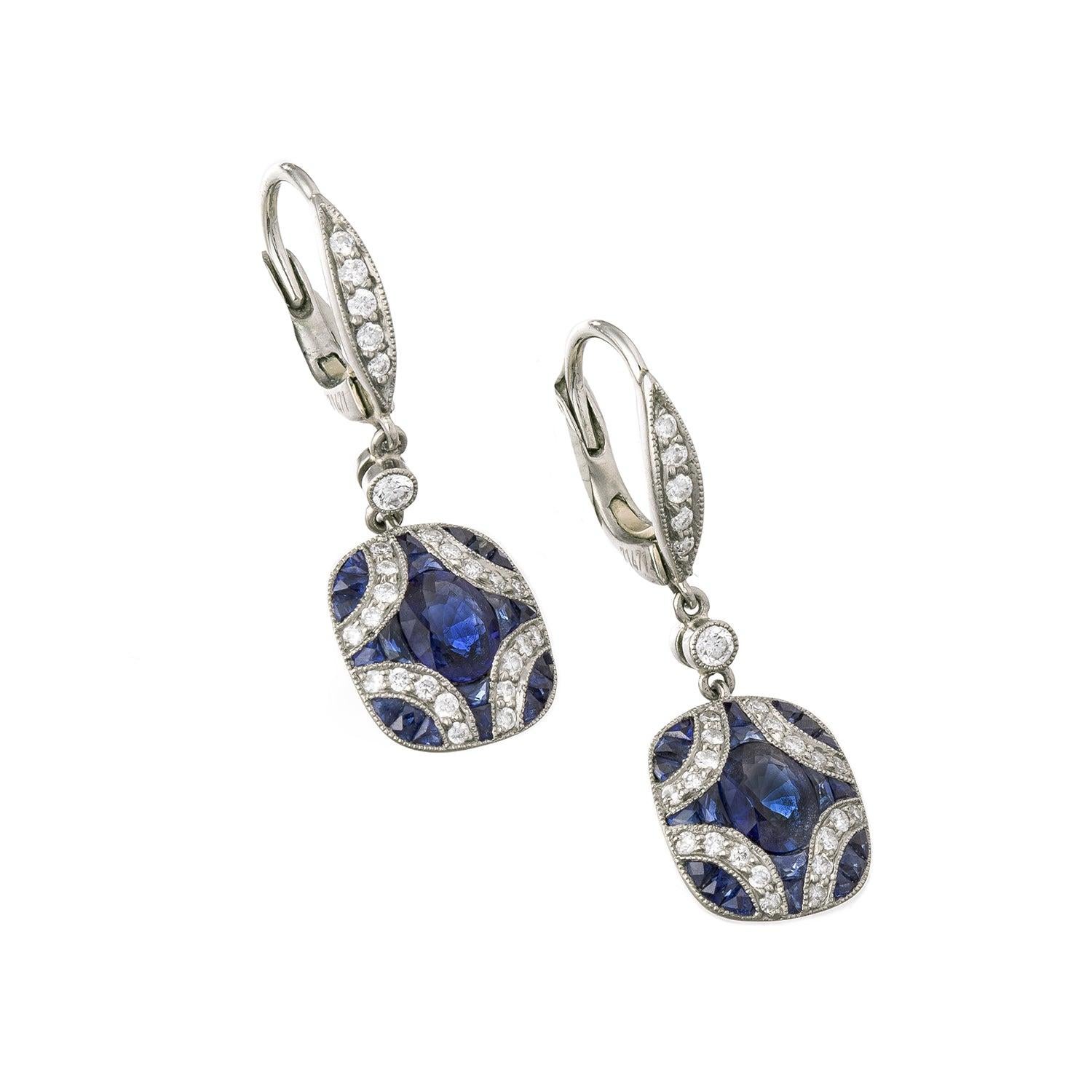 Pendientes Kwiat Zafiro Diamante Argyle Gota Pequeña Art Decó en venta