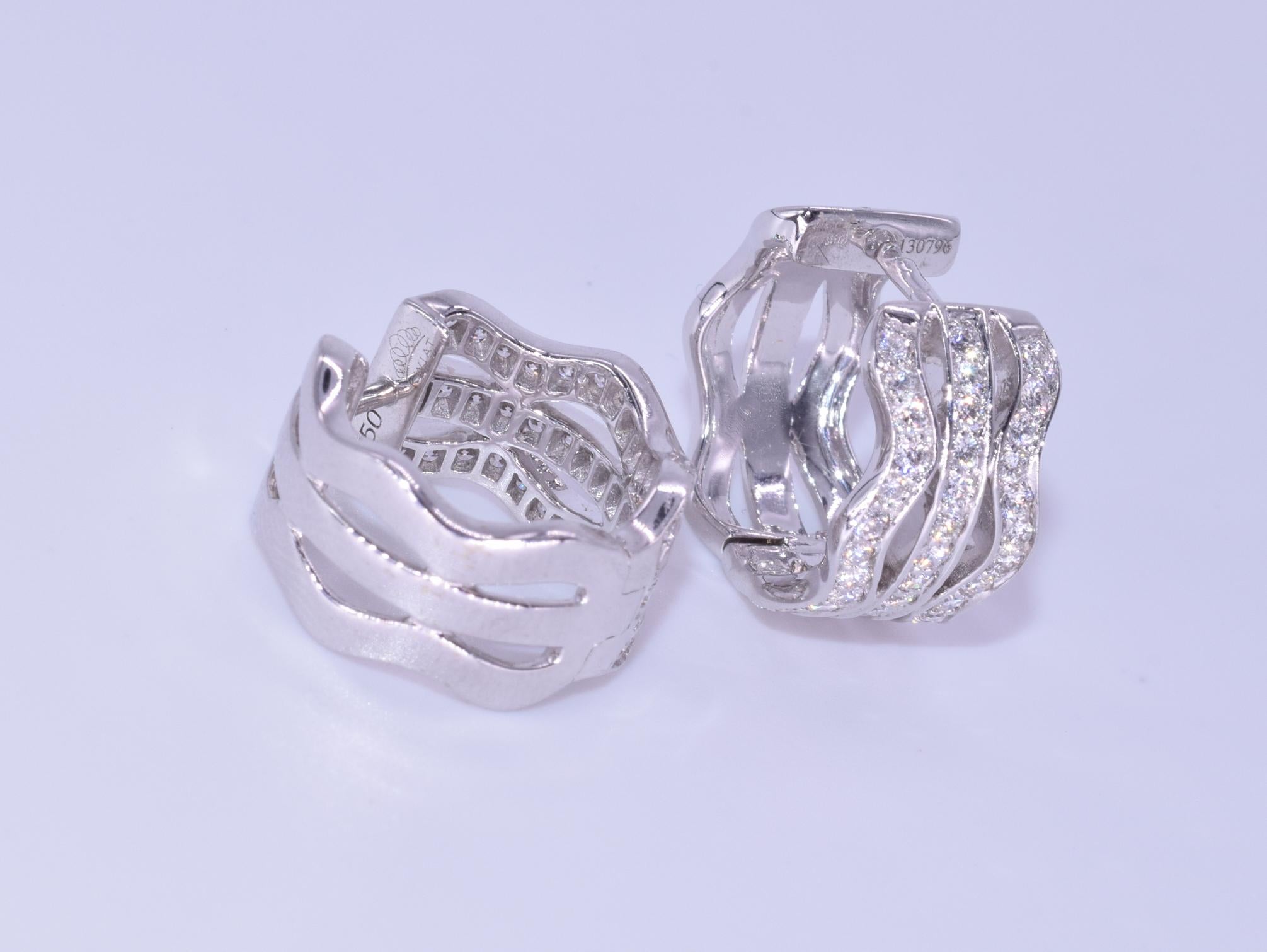 Brilliant Cut Kwiat Wave Diamond Hoop Earrings in 18 Karat White Gold