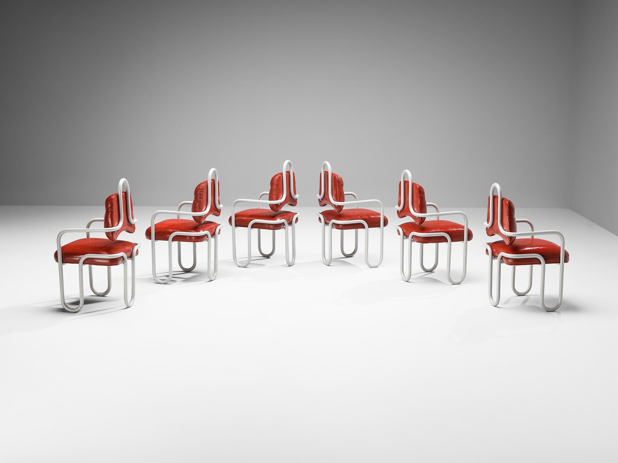 Kwok Hoi Chan for Steiner, set of six dining chairs, leather, lacquered steel, France, circa 1970.

A postmodern design by Chinese designer Kwok Hoi Chan known for his works that are immediately recognisable. Design in the seventies was all about