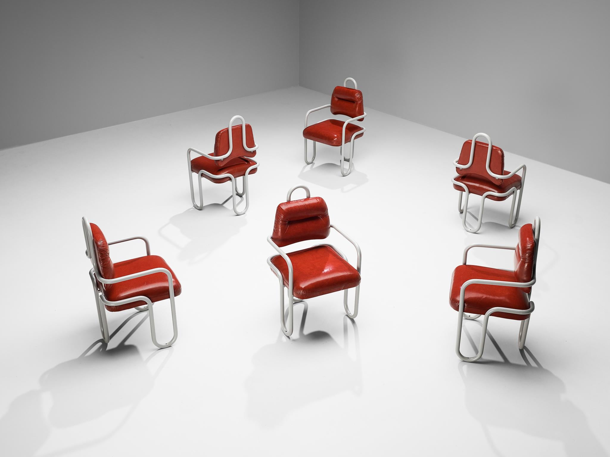 Kwok Hoi Chan für Steiner: Sechser-Set Esszimmerstühle aus rotem Leder  (Stahl) im Angebot