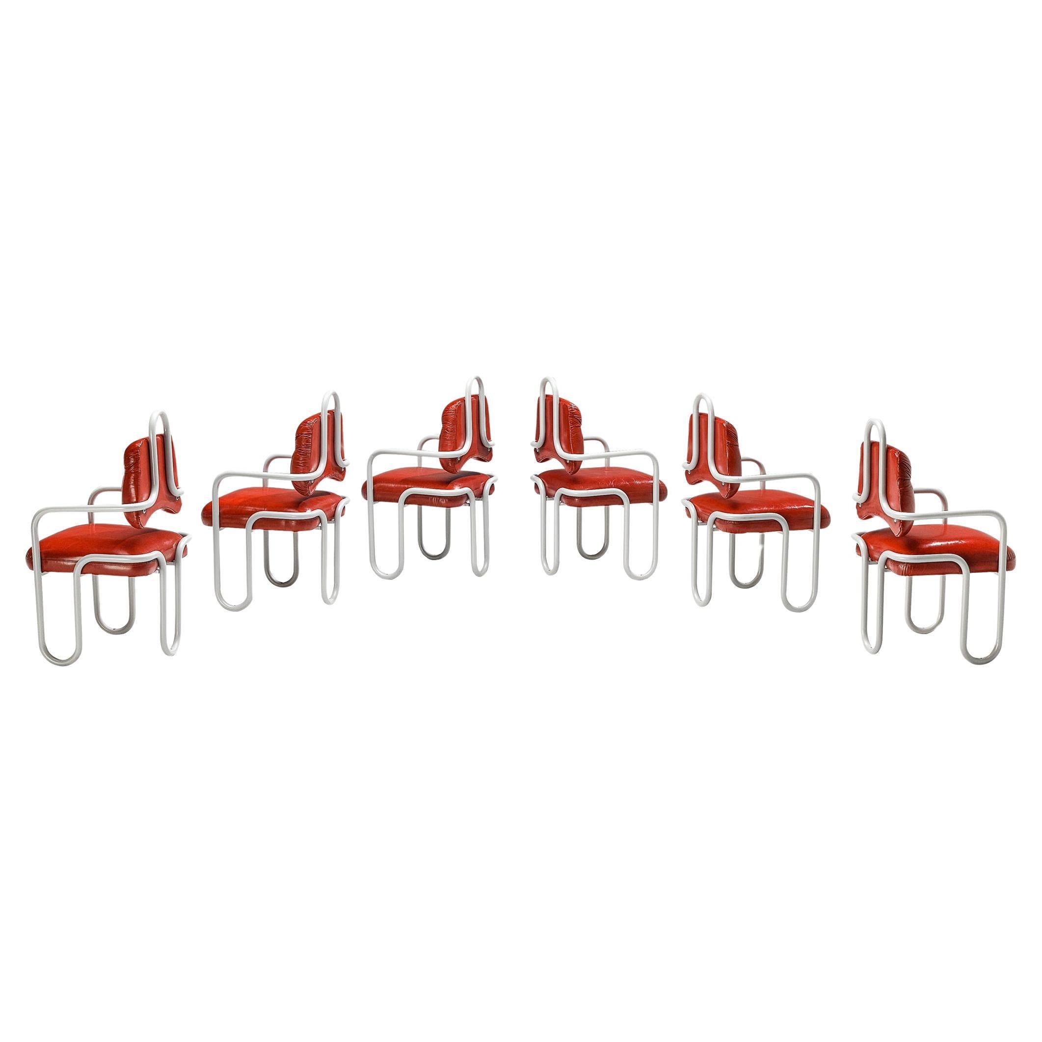 Kwok Hoi Chan for Steiner Set of Six Dining Chairs in Red Leather  For Sale