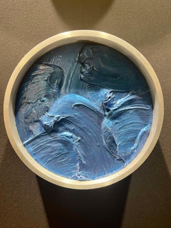 Wave Pearl True Blue Mixed Media Wall Sculpture, Abstract, Framed