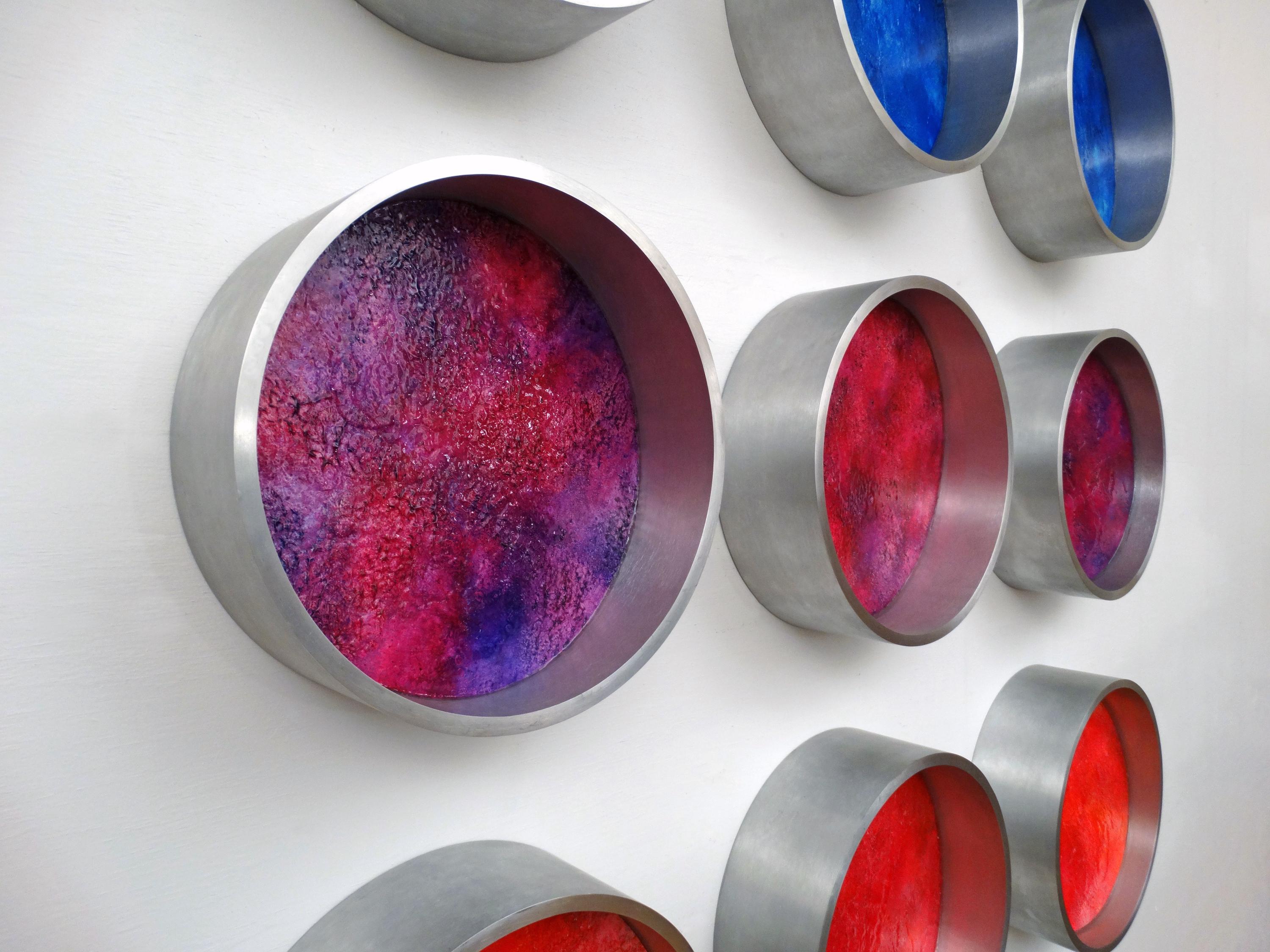 15 panels, 10.5” diameter x 3.5” depth each

Daybreak is a multi component wall installation with a gradient color range meant to mimic the break of dawn and takes inspiration from the Florida coastline. 

repurposed industrial pipe with acrylic on