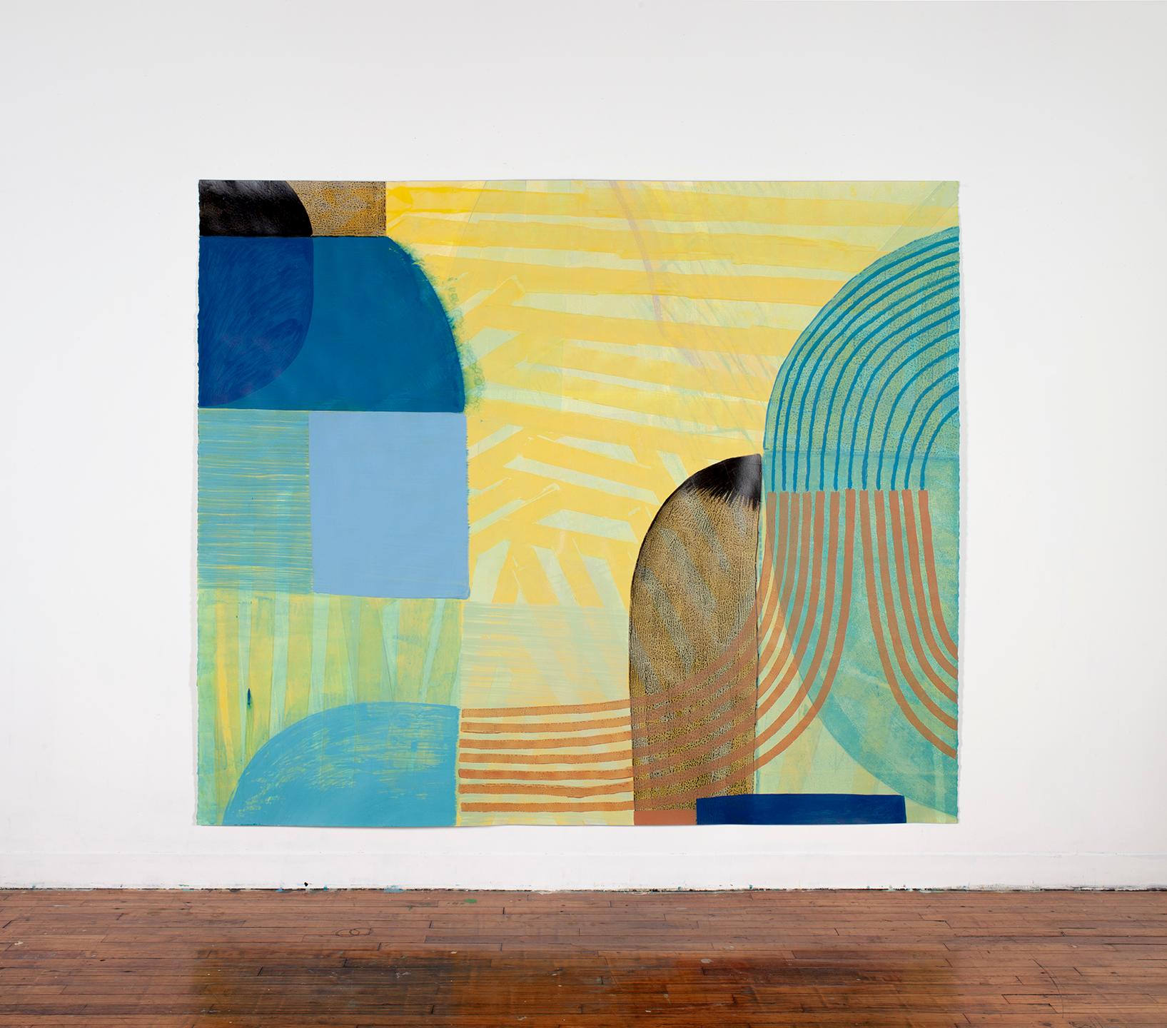 Ky Anderson
Feelers, 2019
pigment and acrylic on paper
72 x 84 in.
(and272ap)

This original painting on paper by Ky Anderson features bold shapes and curving lines in saturated shades of yellow, blue, and brown.

Anderson’s paintings on canvas and