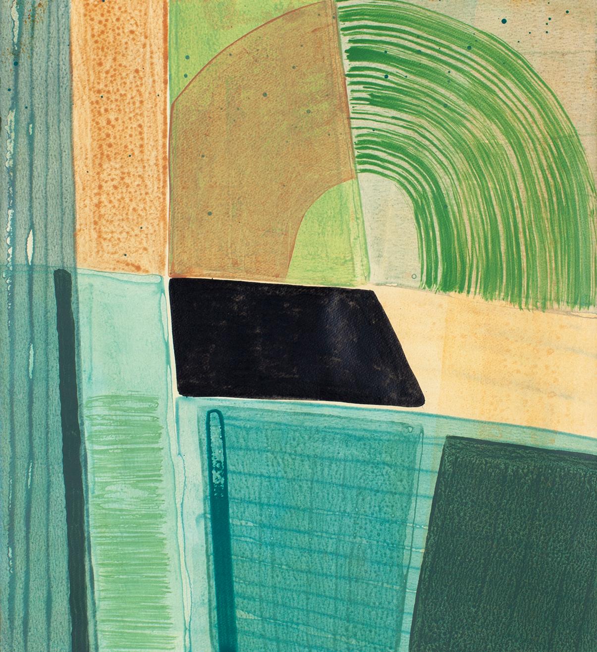 Ky Anderson
Segment 22.2, 2022
acrylic and ink on watercolor paper
25 x 22 in.
(and347)

This original acrylic and ink on paper painting by Ky Anderson features geometric shapes and abstract lines in bright shades of green, blue, orange, yellow, and