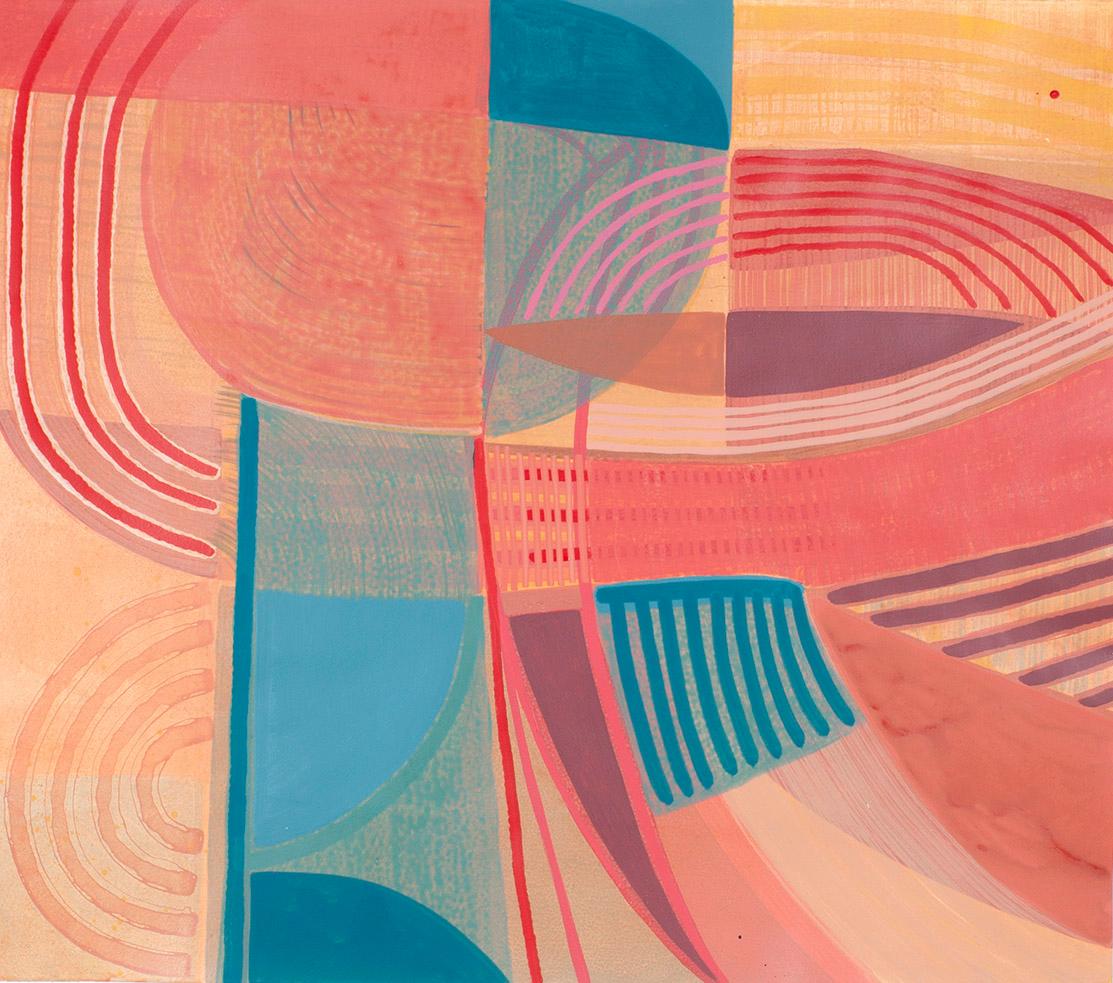 Ky Anderson
Puesta de sol, 2021
acrílico y tinta sobre papel de acuarela
42 x 48 pulg.
(and370)

Esta pintura acrílica original sobre papel de Ky Anderson presenta formas geométricas y líneas abstractas en brillantes tonos azules, rosas y