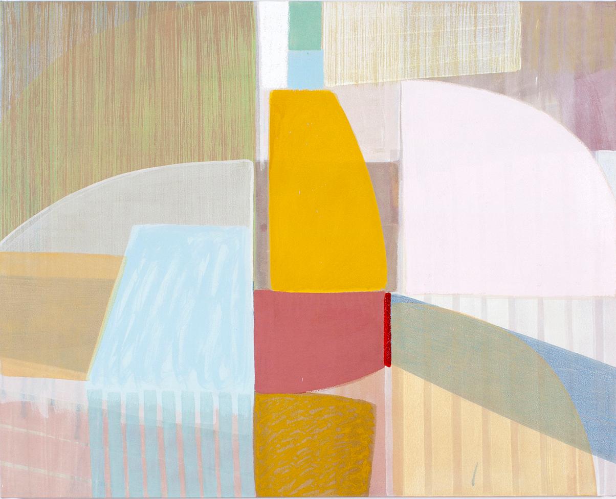 This is vibrant acrylic painting on canvas features warm tones of yellow, beige, pink, and blue. Signed and titled by artist on the verso.

Anderson’s paintings on canvas and paper are composed of layers of bold, linear forms. Channeling the