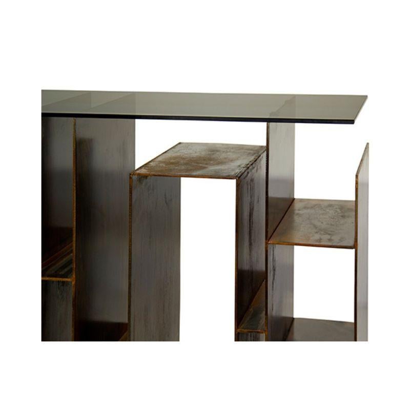 Modern Kyan Console with Bronze Glass Top and Iron Base For Sale