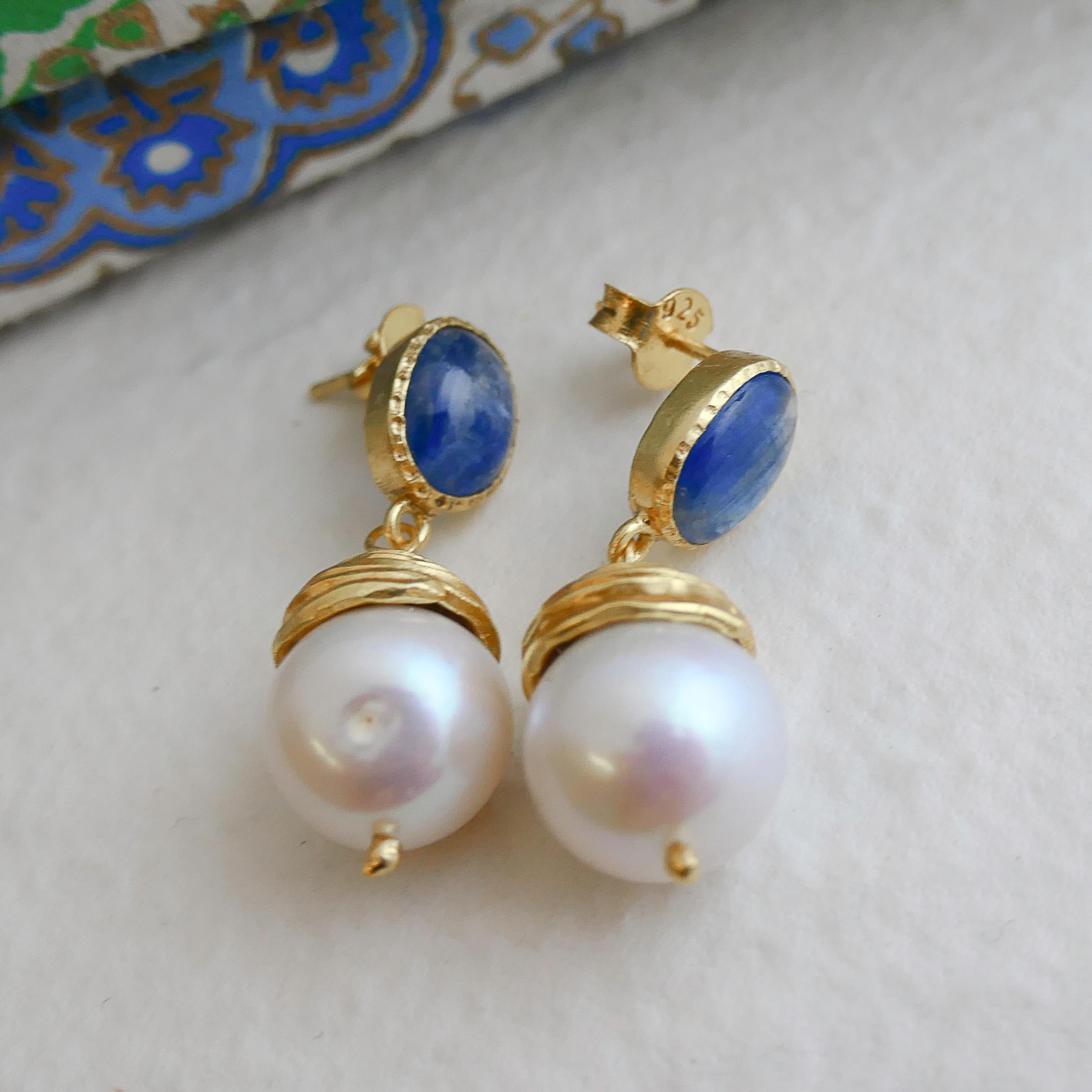 Mixed Cut Kyanite and Cultured Pearl Gold Plated Sterling Silver Post Drop Earrings For Sale