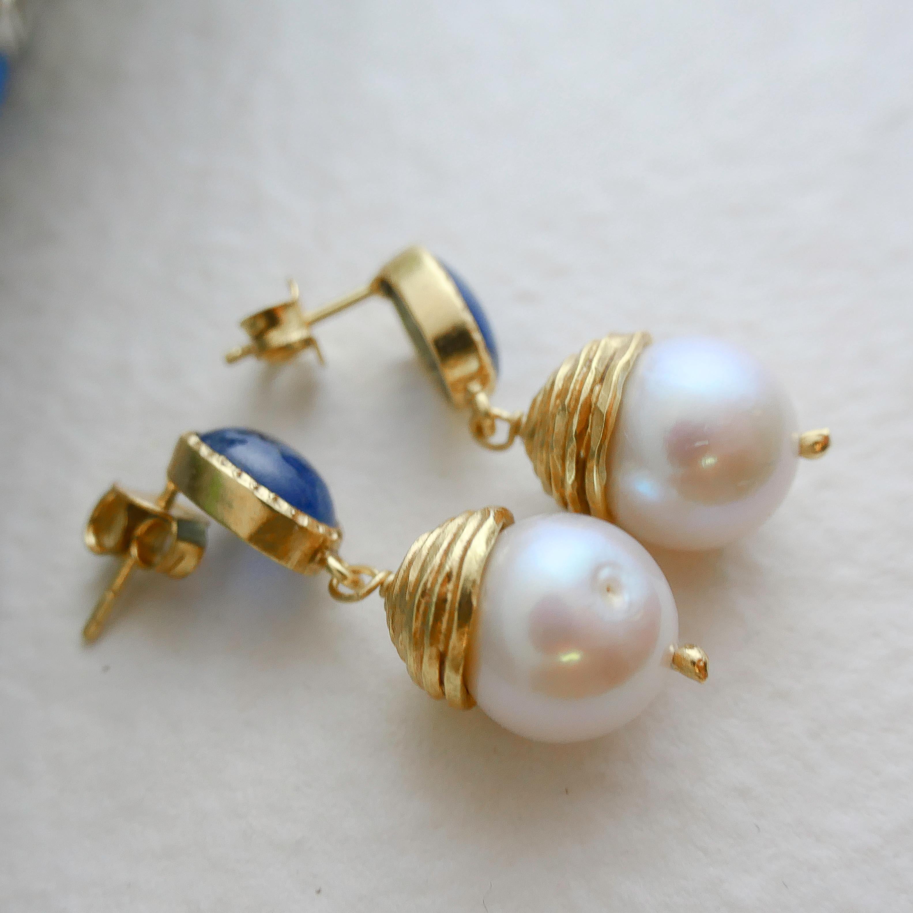 Kyanite and Cultured Pearl Gold Plated Sterling Silver Post Drop Earrings In New Condition For Sale In Oslo, 03