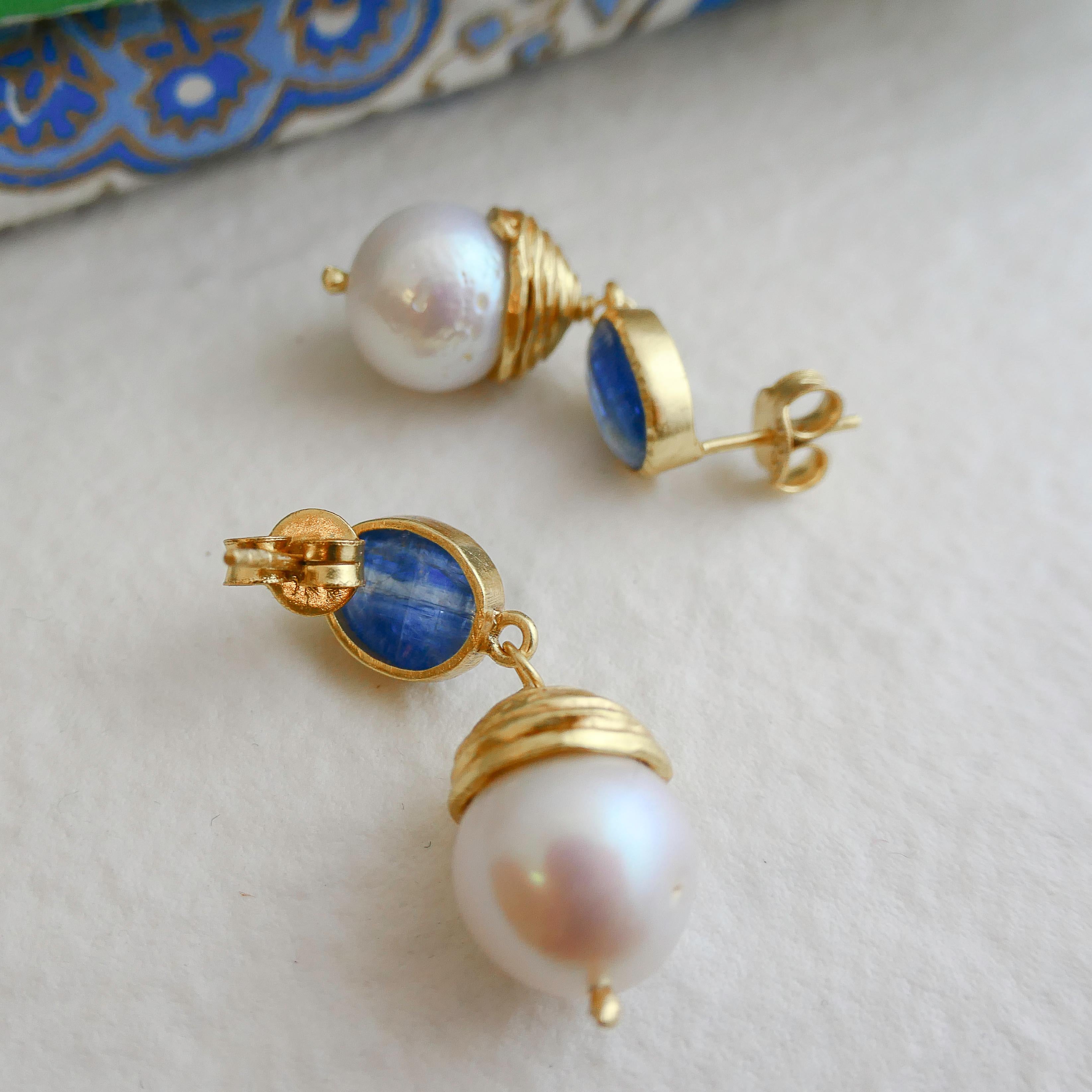 Kyanite and Cultured Pearl Gold Plated Sterling Silver Post Drop Earrings For Sale 1
