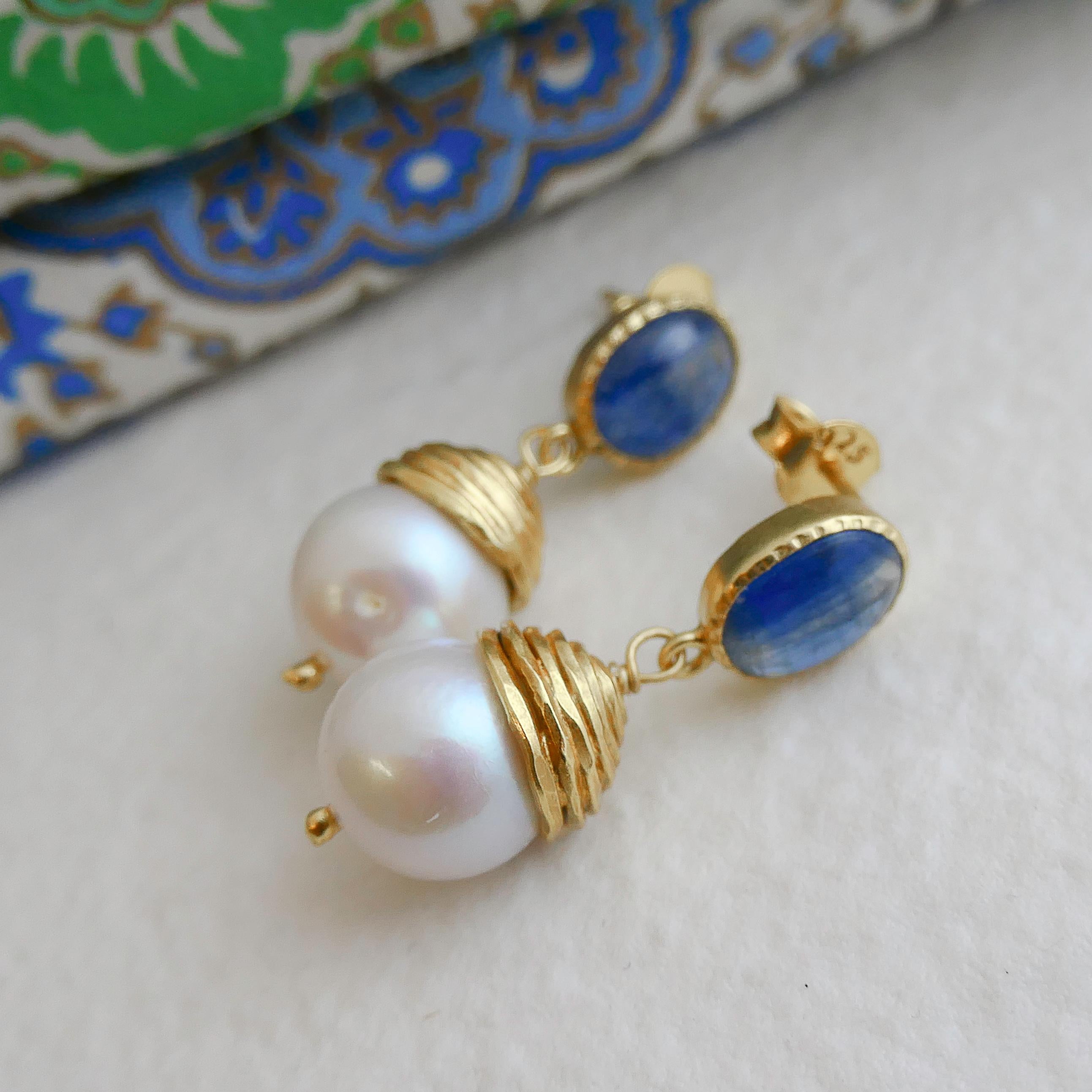 Kyanite and Cultured Pearl Gold Plated Sterling Silver Post Drop Earrings For Sale 2