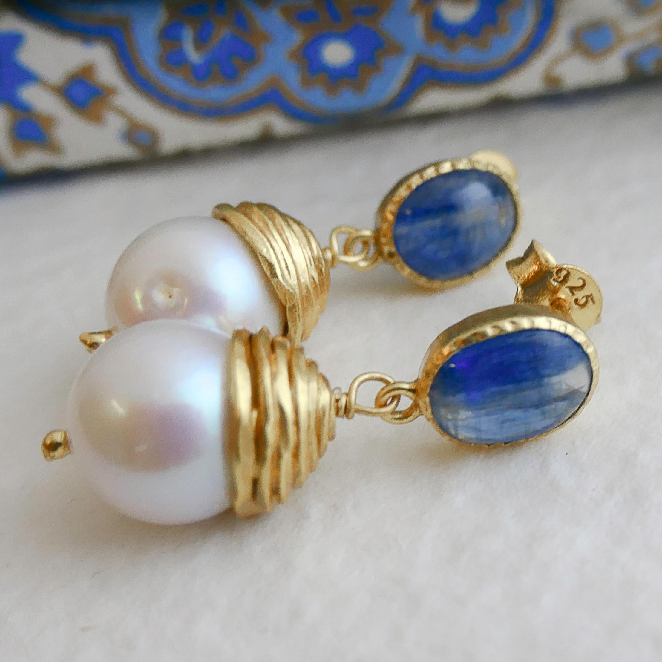 Kyanite and Cultured Pearl Gold Plated Sterling Silver Post Drop Earrings For Sale 3