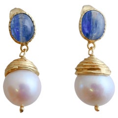 Boucles d'oreilles pendantes en argent sterling plaqué or avec kyanite et perles de culture