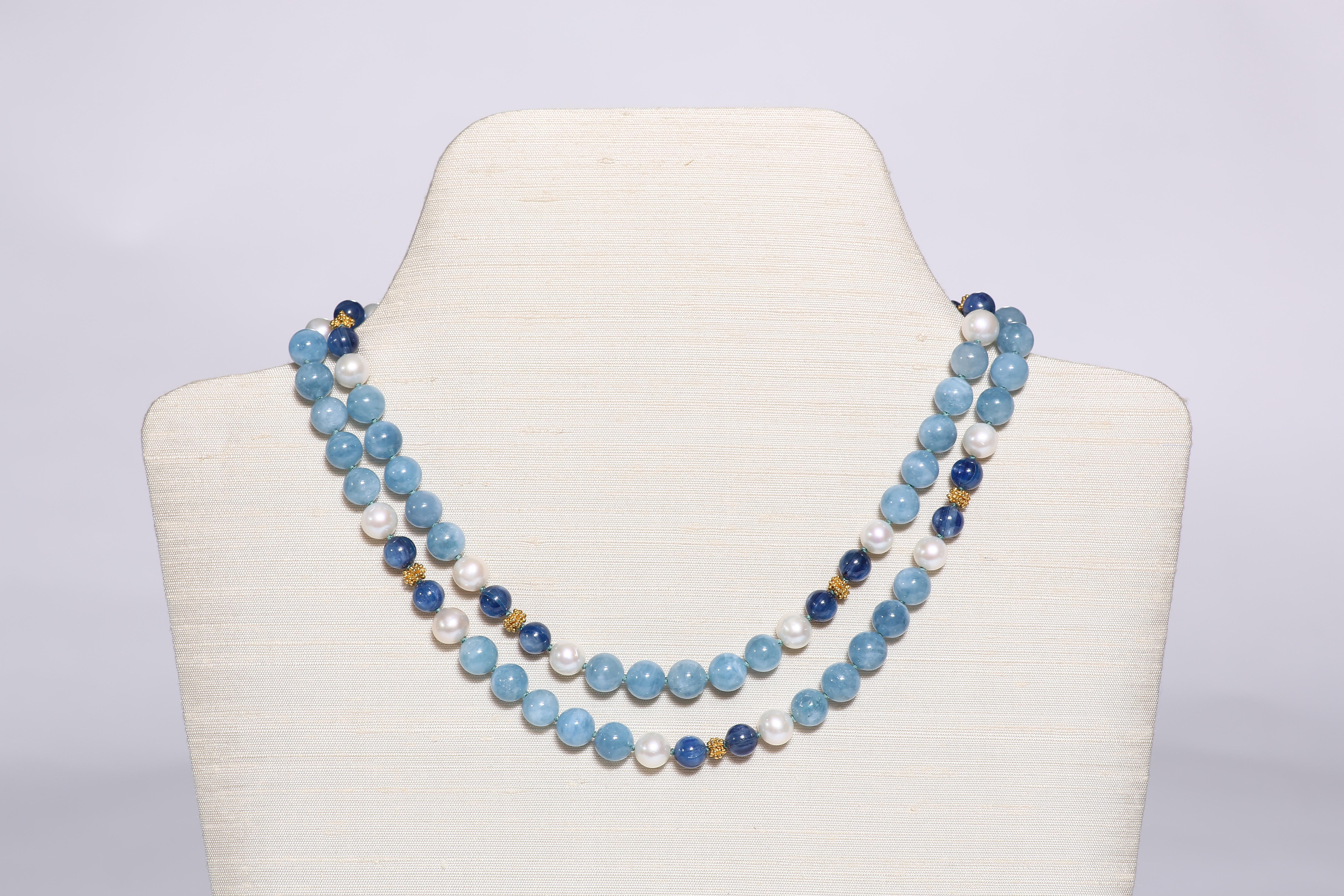 Contemporary Kyanite, Aquamarine, Freshwater Pearl and Gold Necklace
