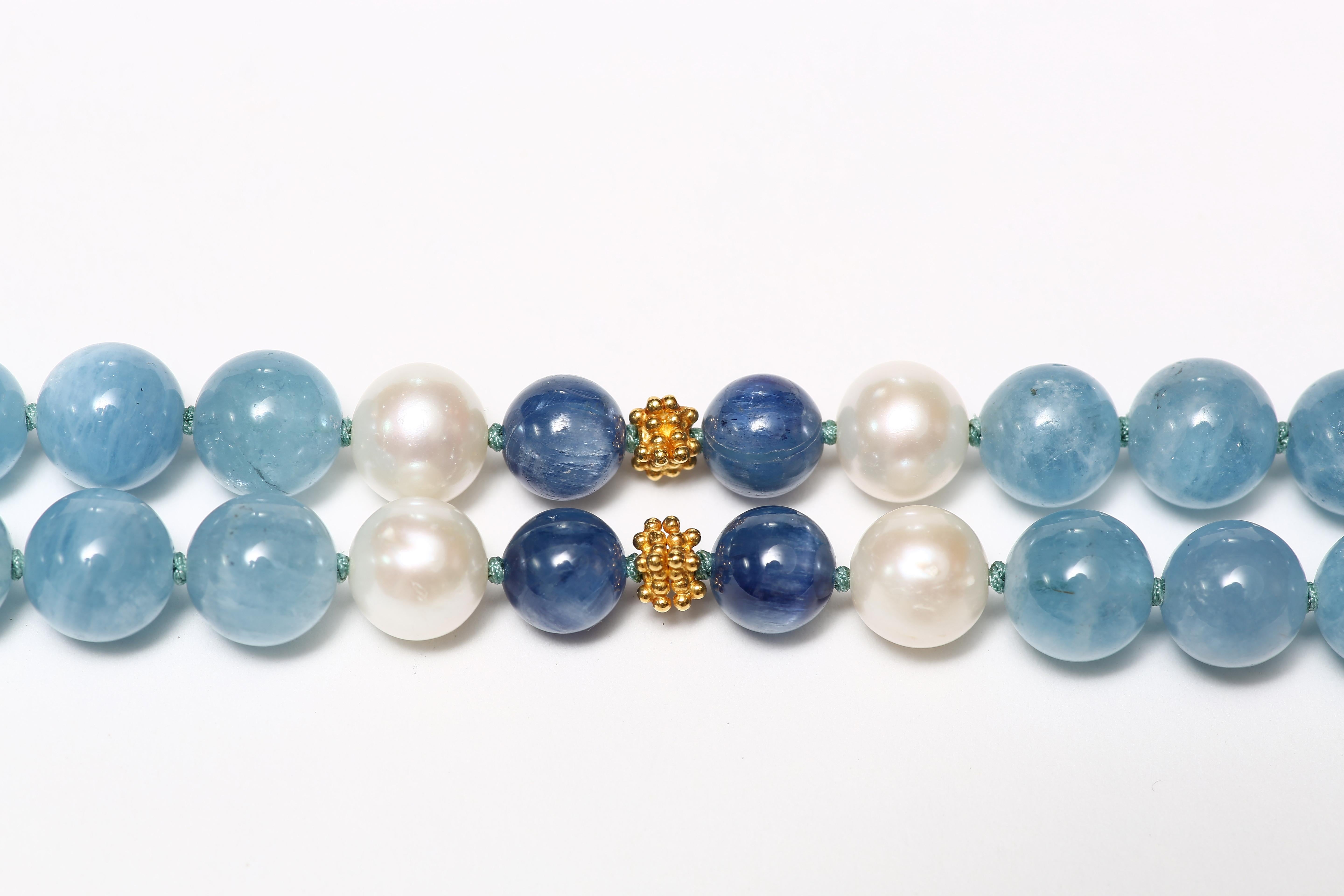 Kyanite, Aquamarine, Freshwater Pearl and Gold Necklace In New Condition In Central, HK