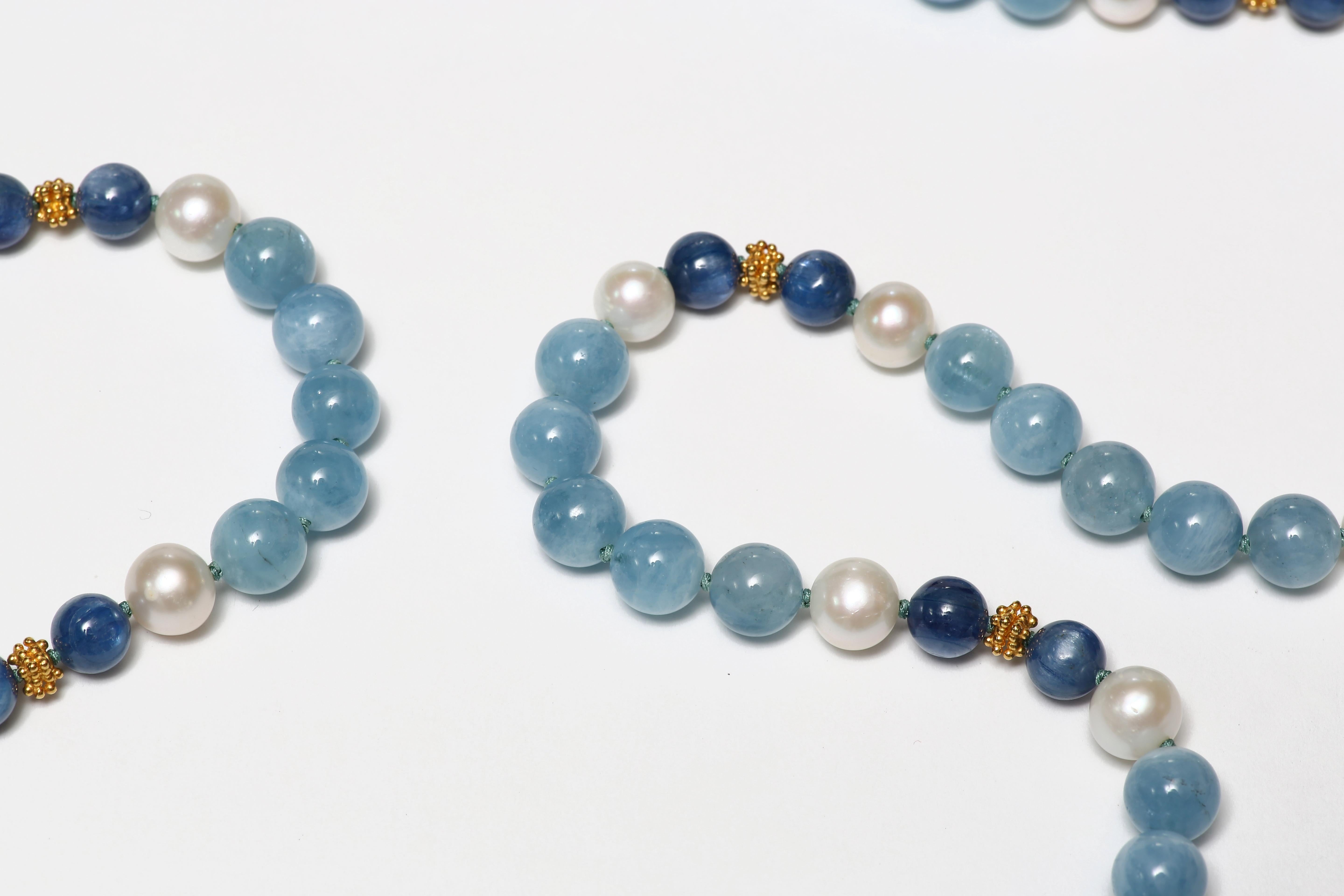 Women's Kyanite, Aquamarine, Freshwater Pearl and Gold Necklace