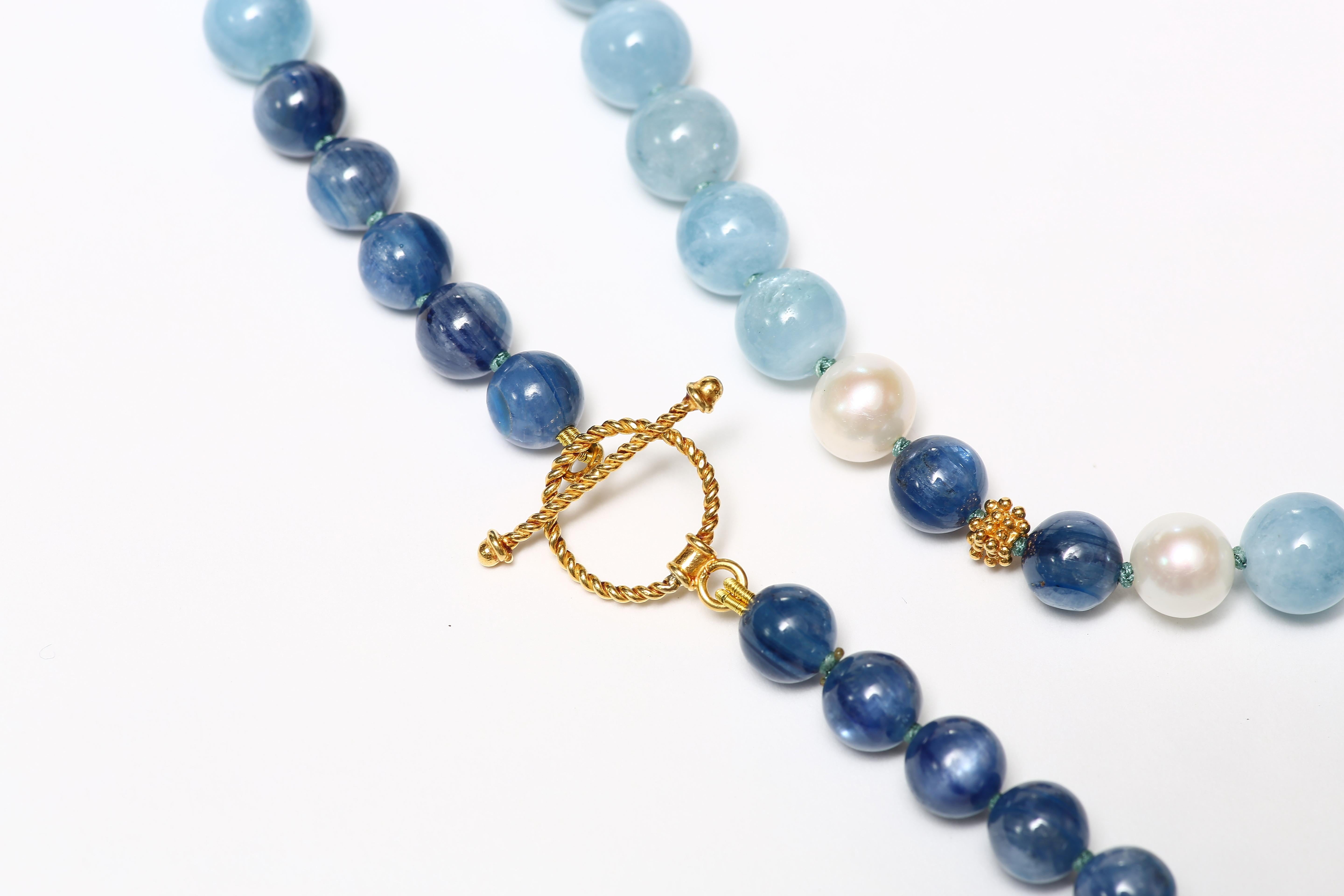 Kyanite, Aquamarine, Freshwater Pearl and Gold Necklace 1