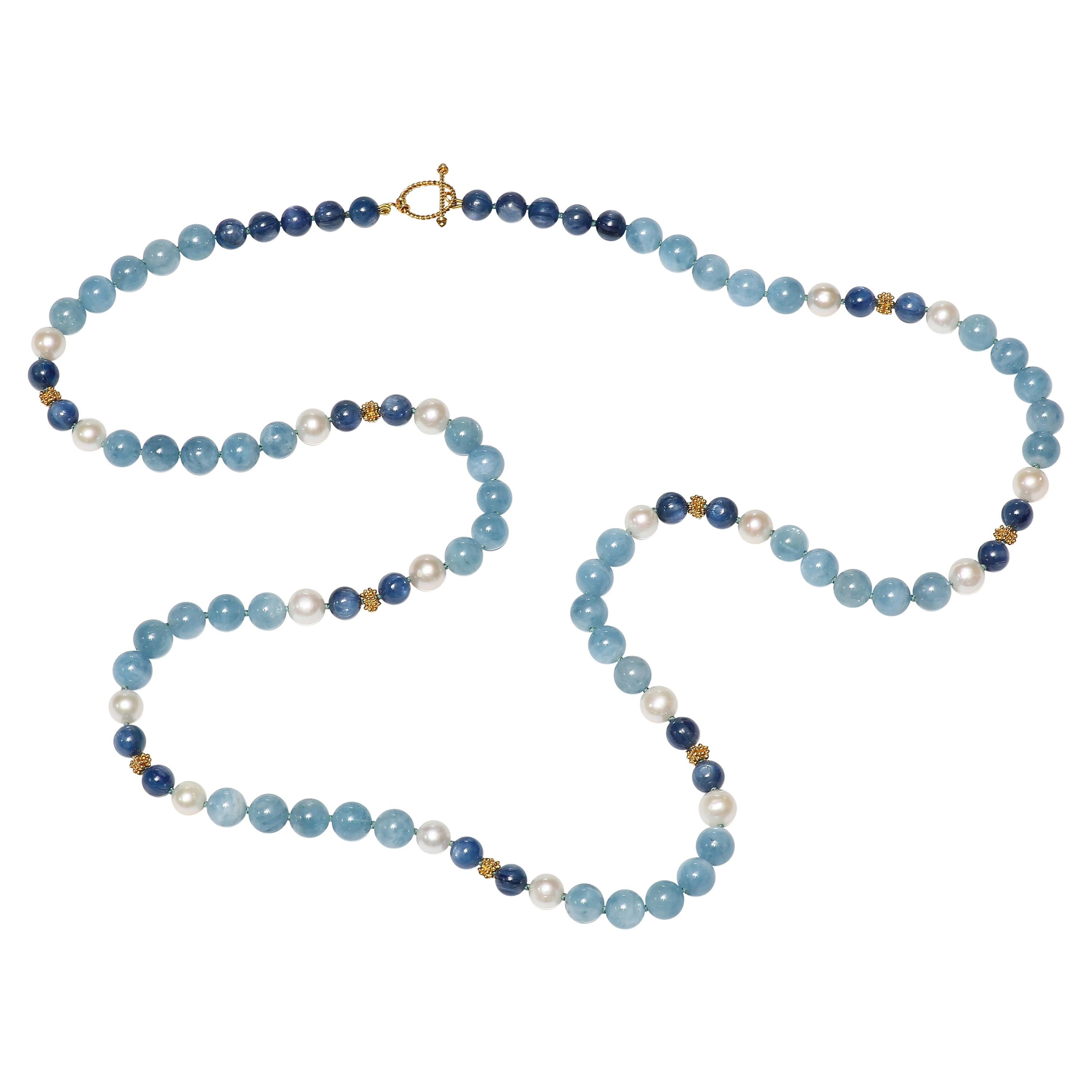 Kyanite, Aquamarine, Freshwater Pearl and Gold Necklace