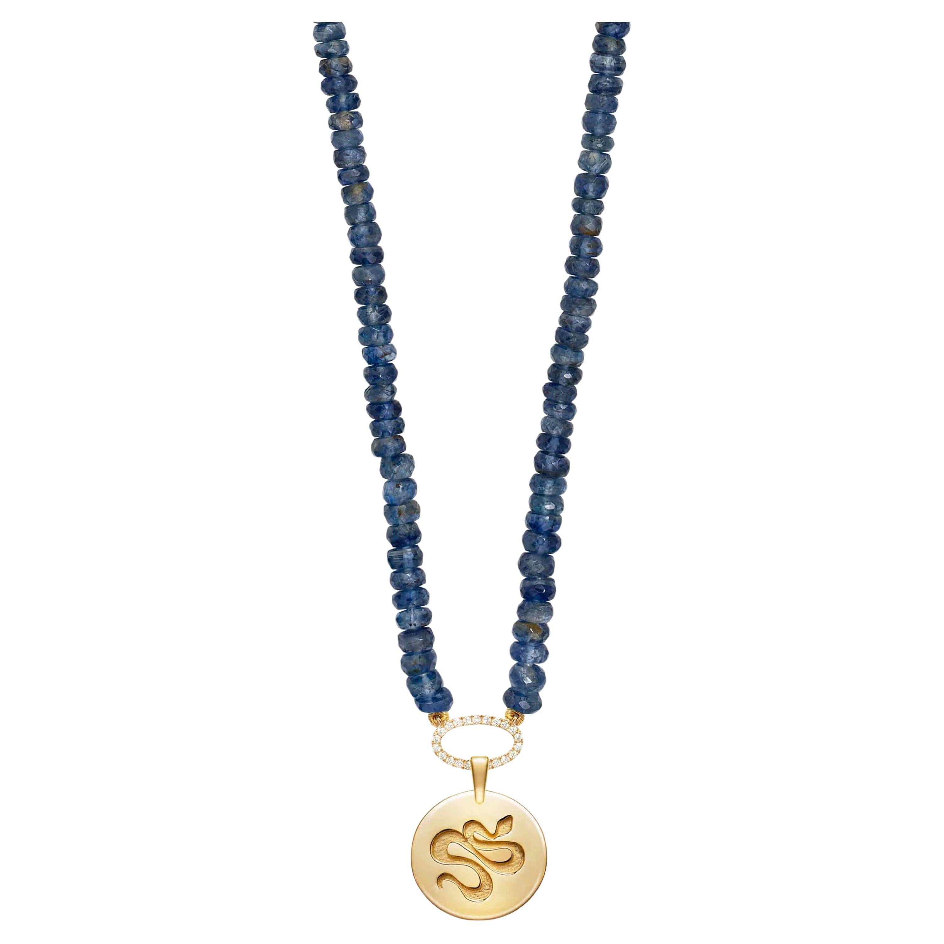 Kyanite Beaded Necklace with Coin Snake Pendant For Sale