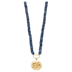 Collier de perles de kyanite avec pendentif serpent en pièces de monnaie
