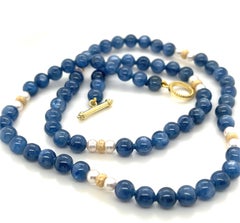 Kyanite Beaded Necklace with Pearls and Yellow Gold Accents, 20 Inches