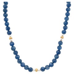 Kyanite Beaded Necklace with Pearls and Yellow Gold Accents, 20 Inches