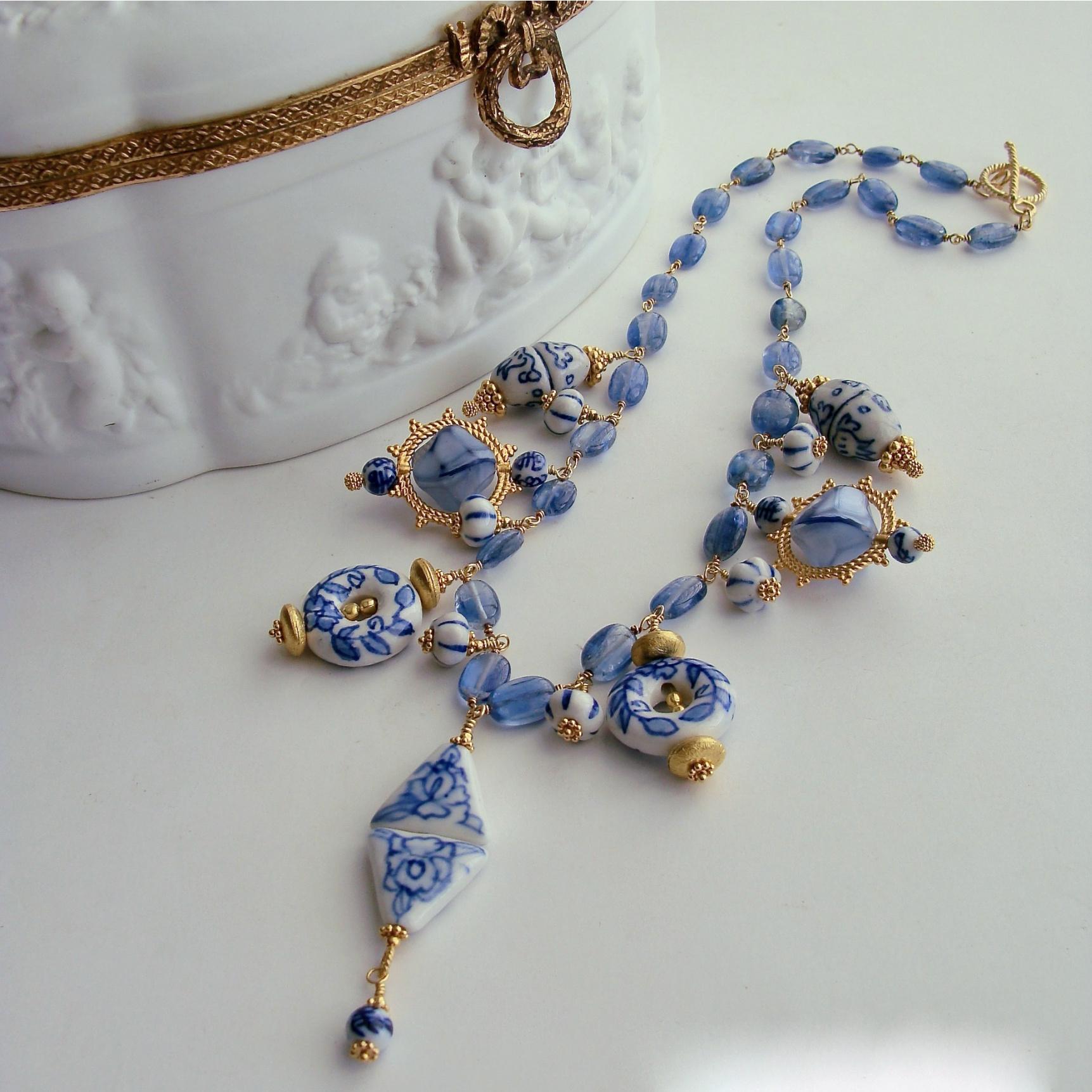 Artisan Kyanite Blue White Porcelain Bead Charm Necklace, Bluebelle II Necklace