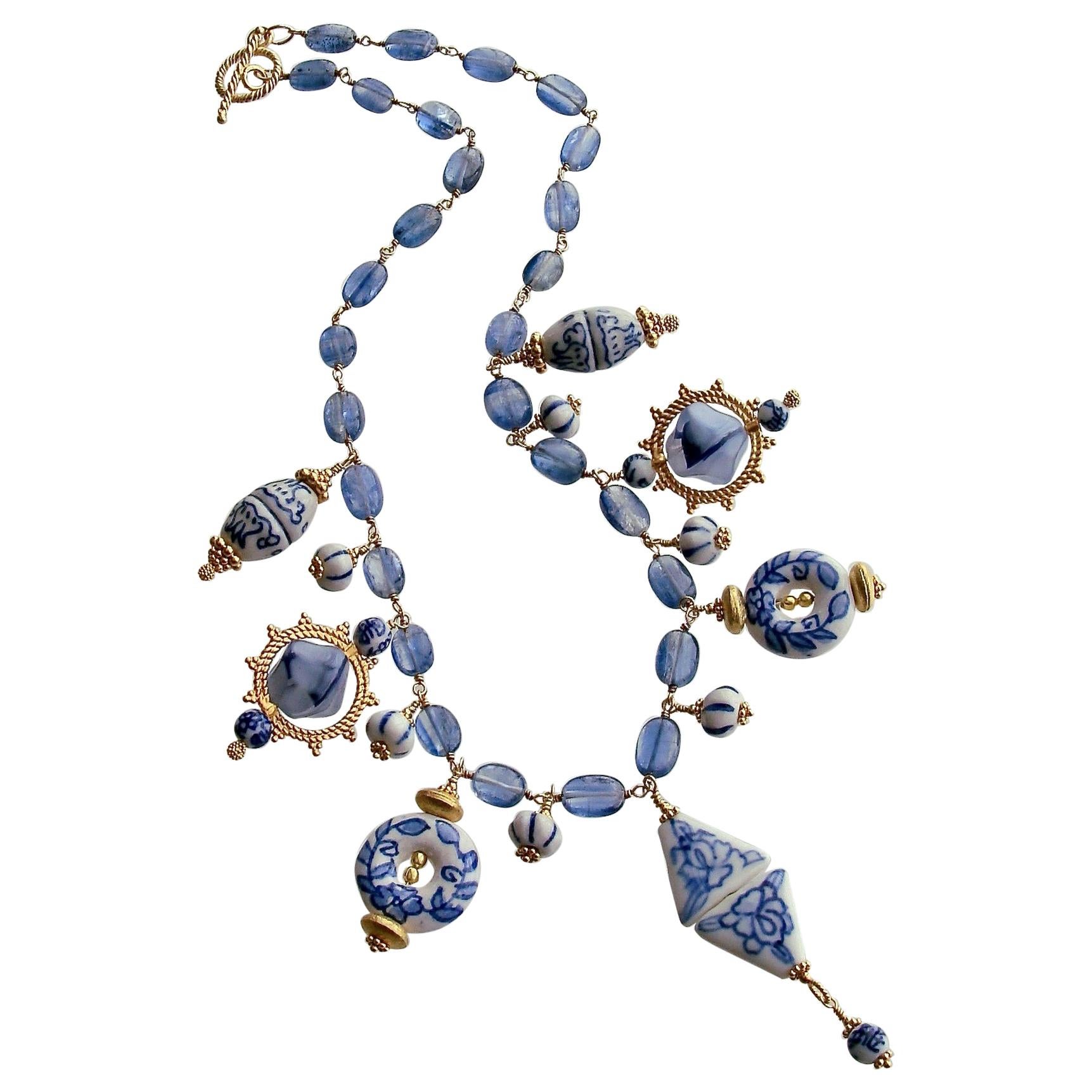 Kyanite Blue White Porcelain Bead Charm Necklace, Bluebelle II Necklace