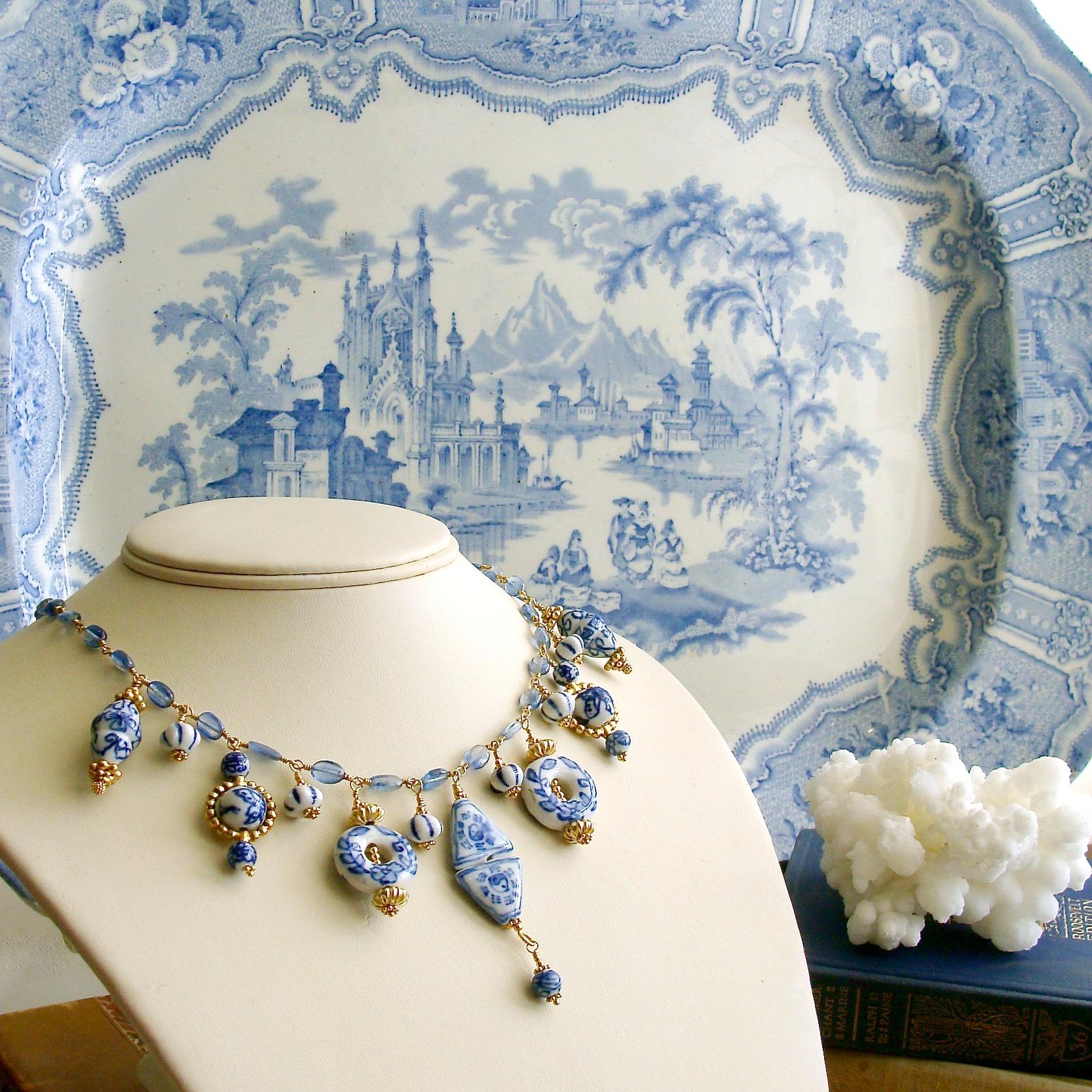 Blue and white themes are universally popular whether in interior design or jewelry.  Such is the case with this whimsical and charming kyanite blue necklace.  Various shades and sizes of blue and white Chinese porcelain beads are accented with