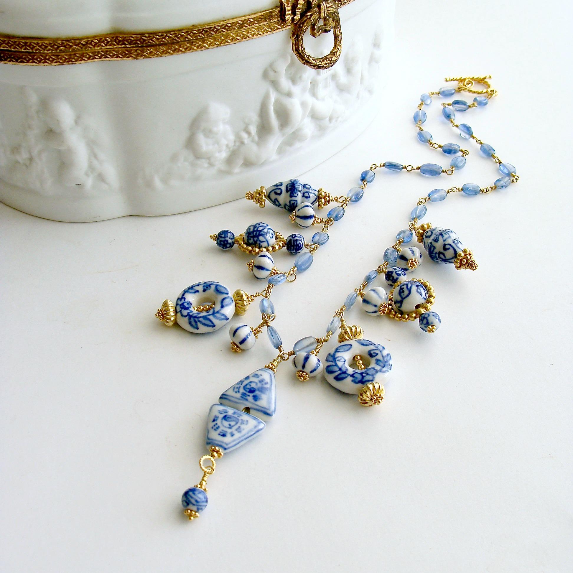 Kyanite Blue White Porcelain Bead Charm Necklace, Bluebelle Necklace In New Condition In Colleyville, TX
