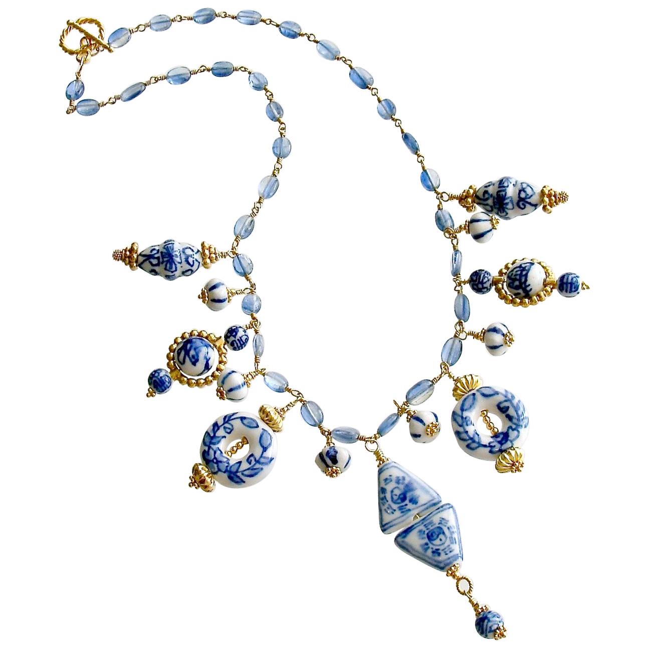 Kyanite Blue White Porcelain Bead Charm Necklace, Bluebelle Necklace