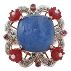 Kyanite, Carnelian, Pearls, Rubies, Diamonds, Rose Gold and Silver Ring.