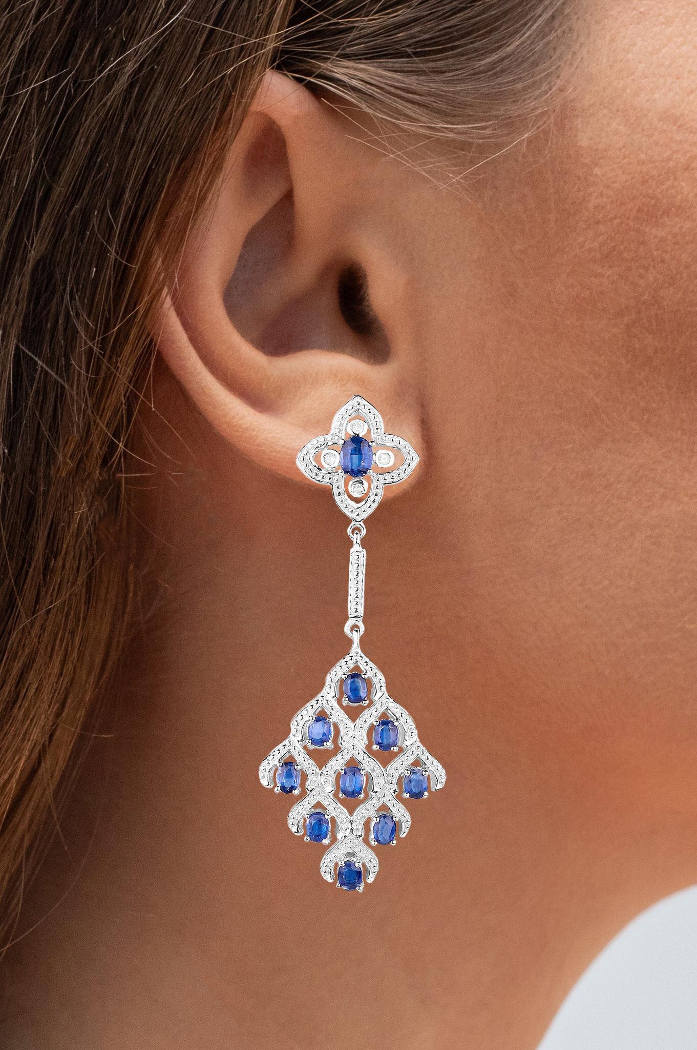 Contemporary Kyanite Chandelier Earrings With White Topaz 5.6 Carats Rhodium Plated Silver For Sale