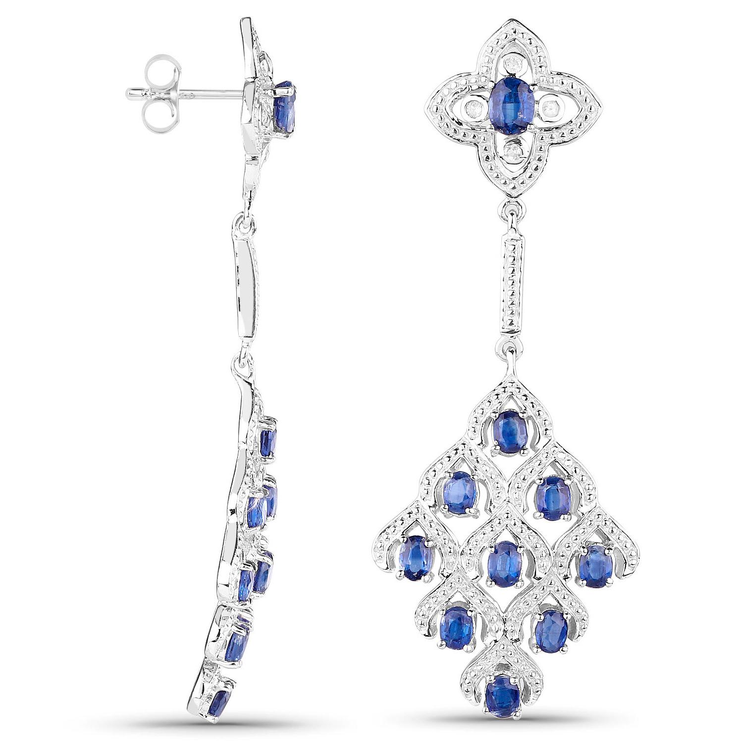 Oval Cut Kyanite Chandelier Earrings With White Topaz 5.6 Carats Rhodium Plated Silver For Sale