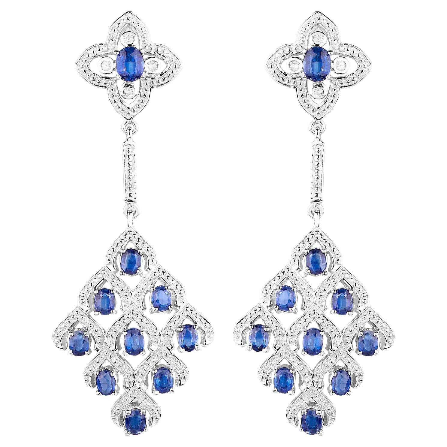 Kyanite Chandelier Earrings With White Topaz 5.6 Carats Rhodium Plated Silver For Sale