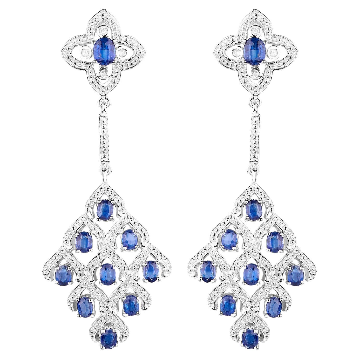 Kyanite Chandelier Earrings With White Topaz 5.6 Carats Rhodium Plated Silver