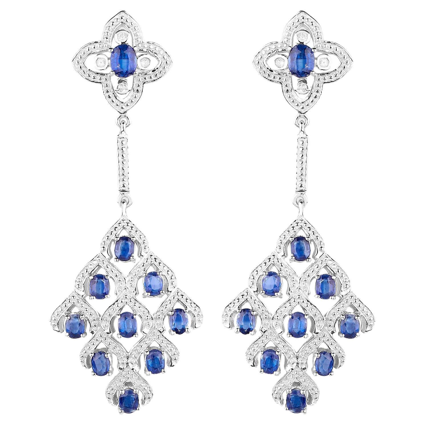 Kyanite Chandelier Earrings With White Topaz 5.6 Carats Rhodium Plated Silver For Sale