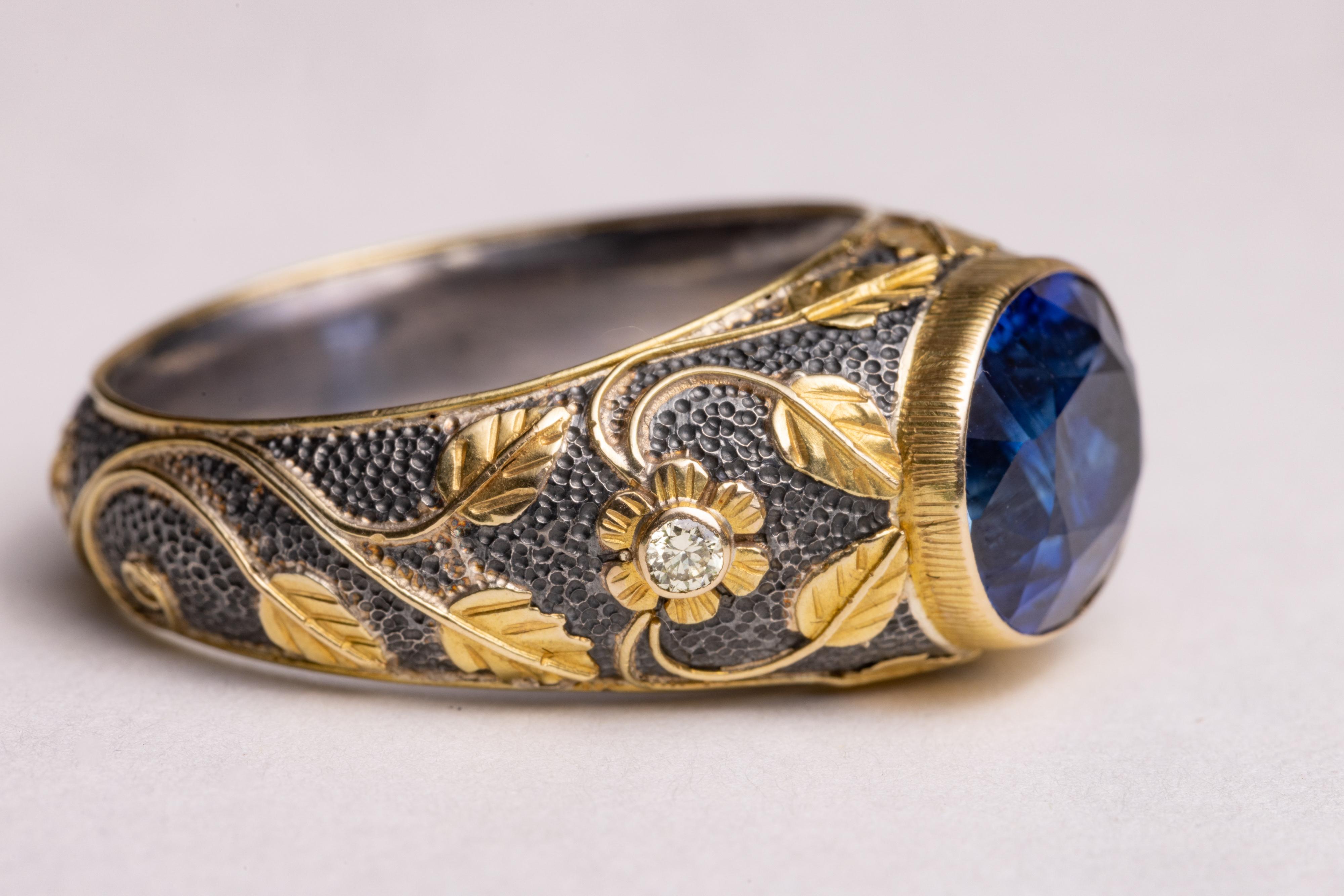 Oval Cut Kyanite, Diamond 18K Gold and Sterling Ring For Sale