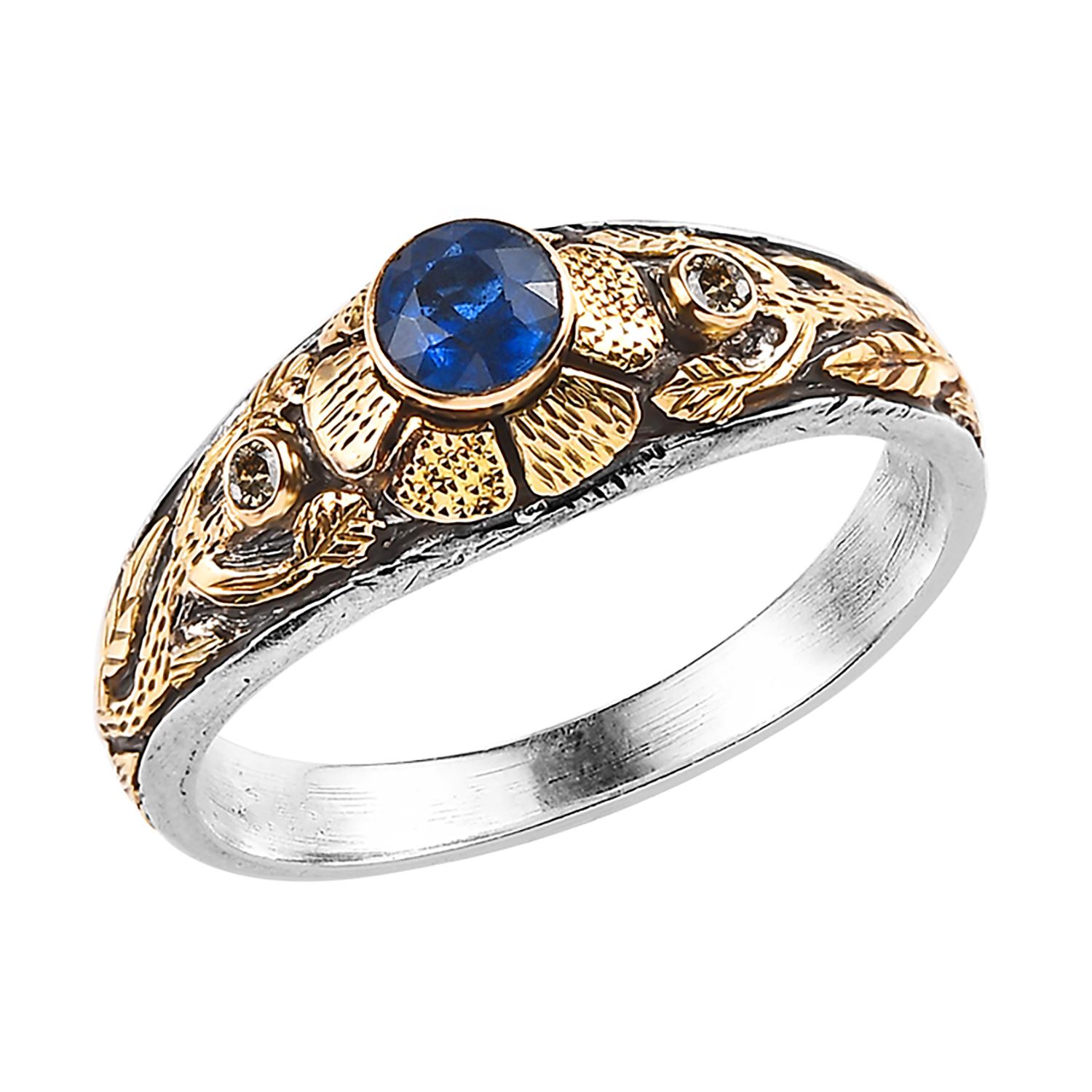 Taille émeraude Anneau floral en or jaune 18k avec diamant et cyanite Emma Chapman en vente
