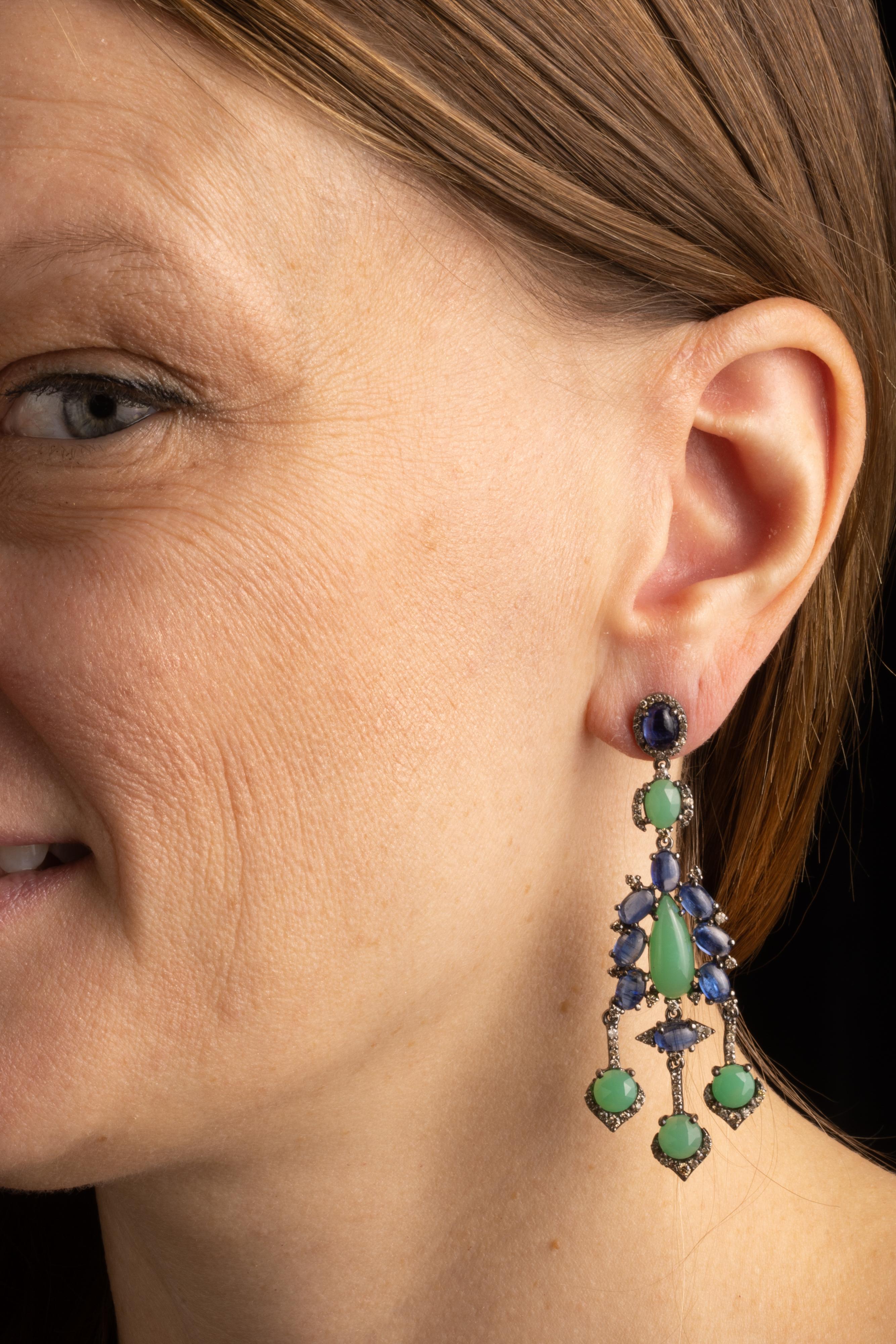 Women's or Men's Kyanite, Diamond and Green Chalcedony Long Dangle Chandelier Earrings