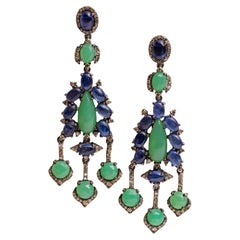 Kyanite, Diamond and Green Chalcedony Long Dangle Chandelier Earrings